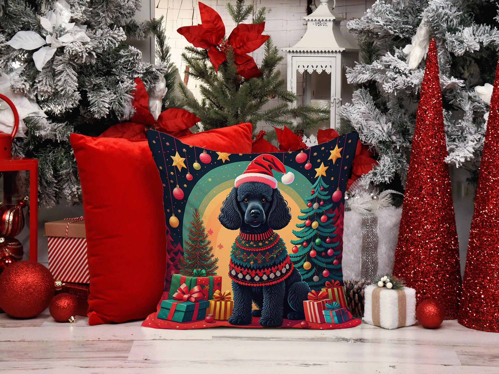 Black  Poodle Christmas Fabric Decorative Pillow