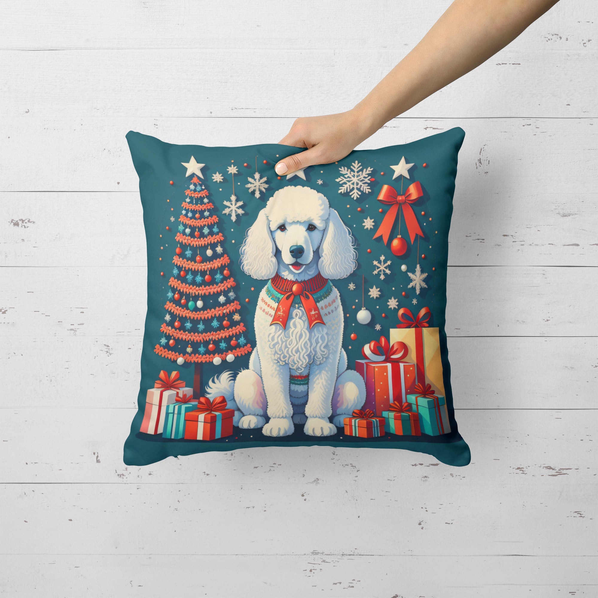 White Poodle Christmas Fabric Decorative Pillow