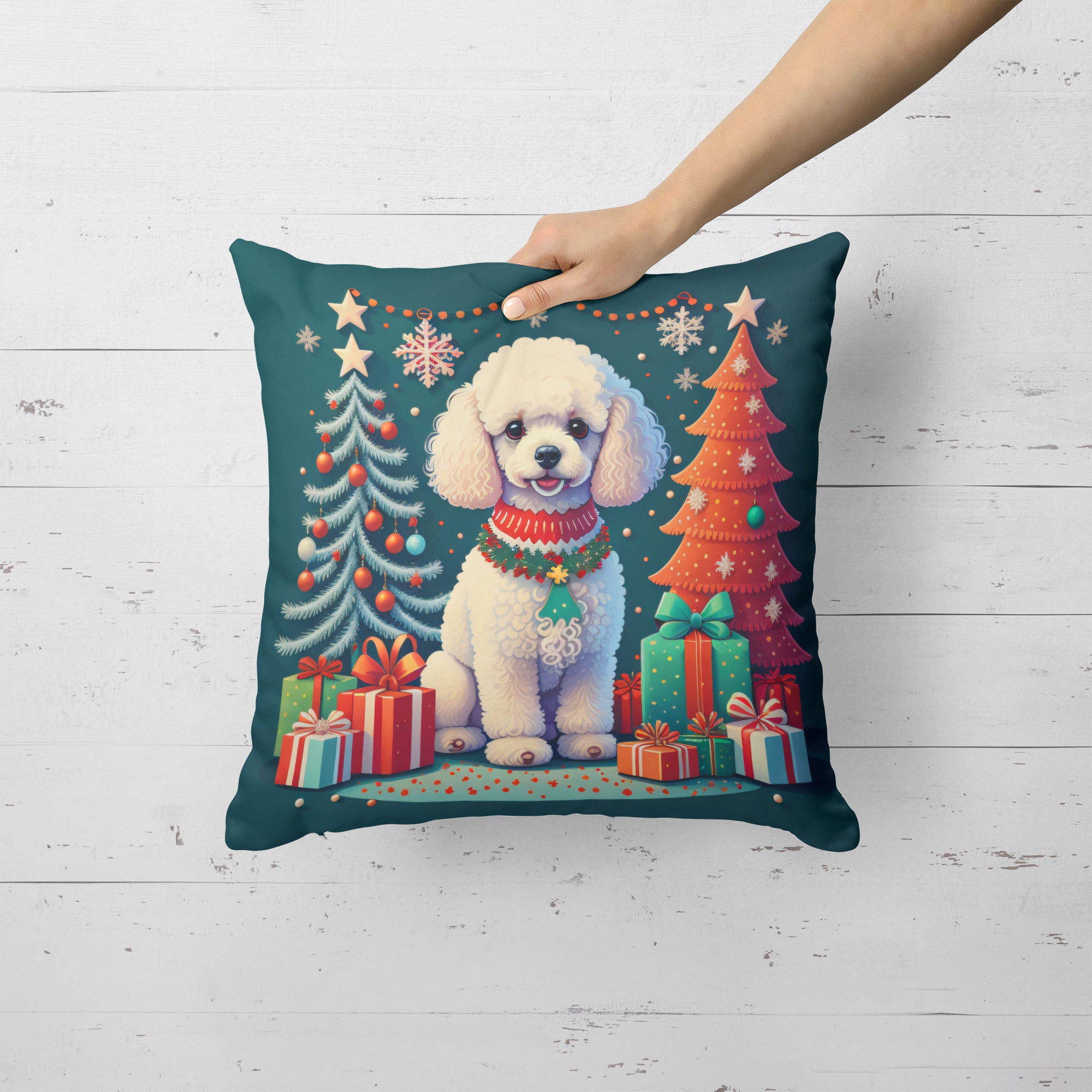 White Toy Poodle Christmas Fabric Decorative Pillow