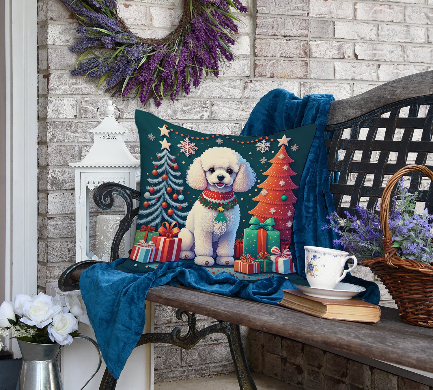 White Toy Poodle Christmas Fabric Decorative Pillow