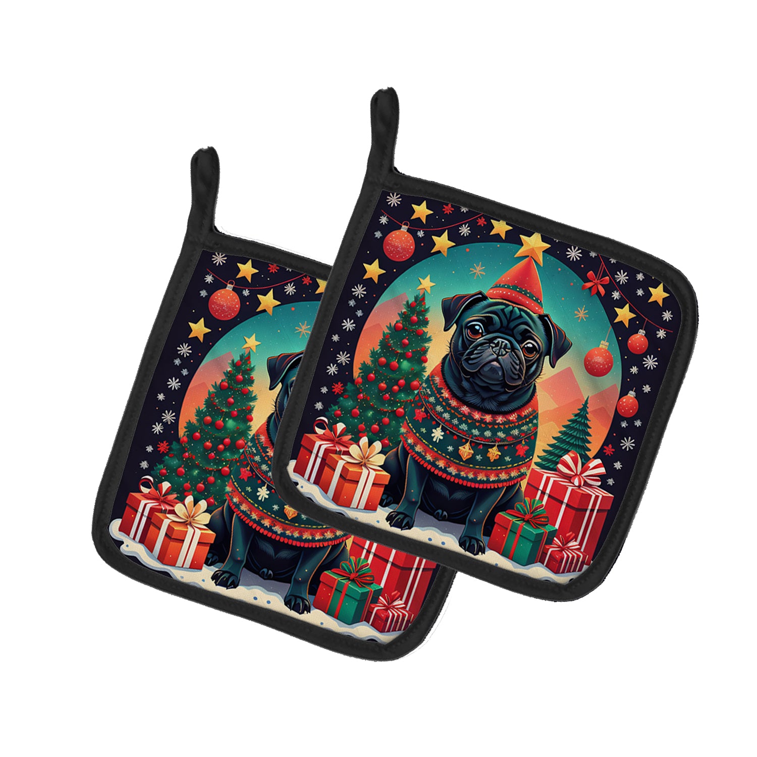 Buy this Black Pug Christmas Pair of Pot Holders