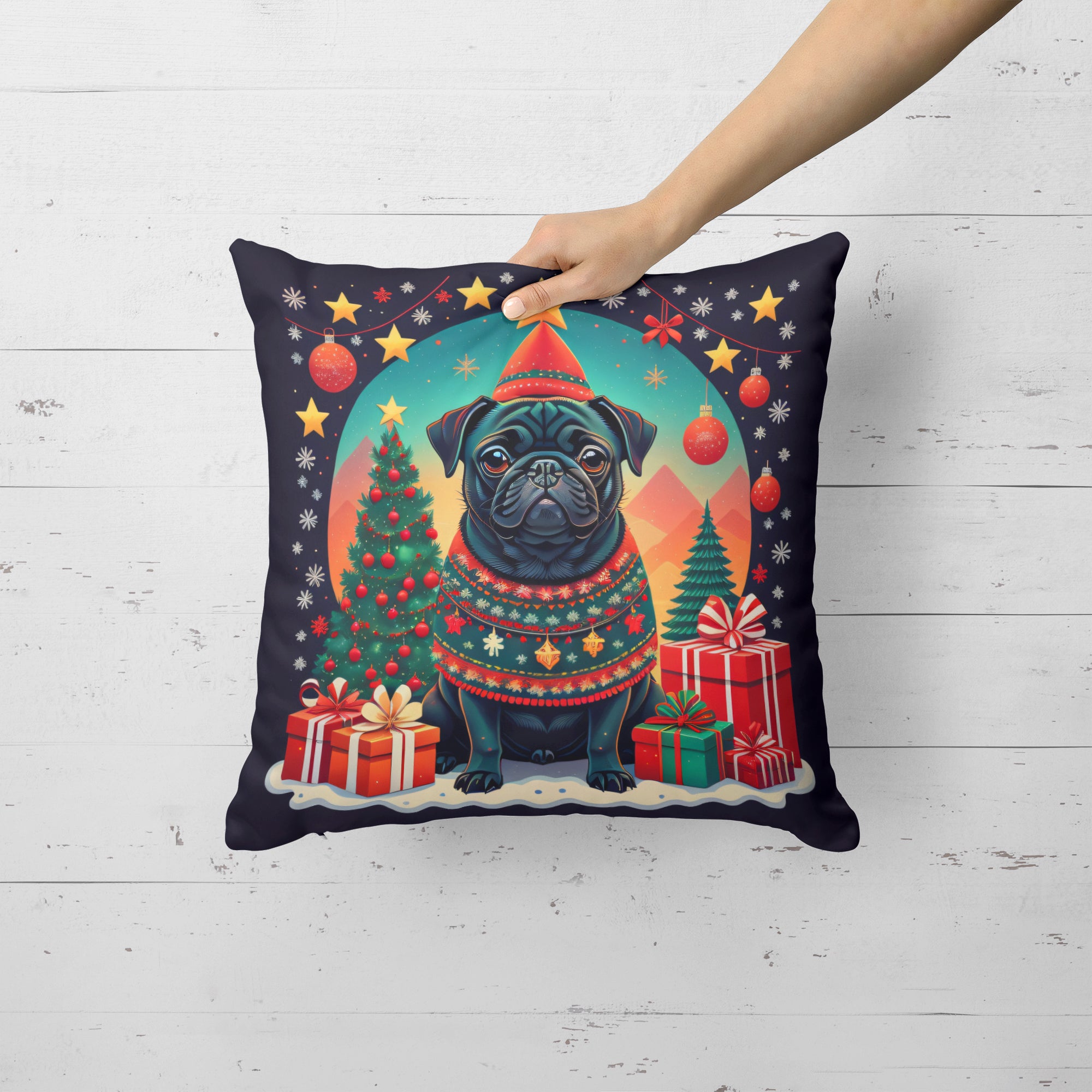 Buy this Black Pug Christmas Fabric Decorative Pillow
