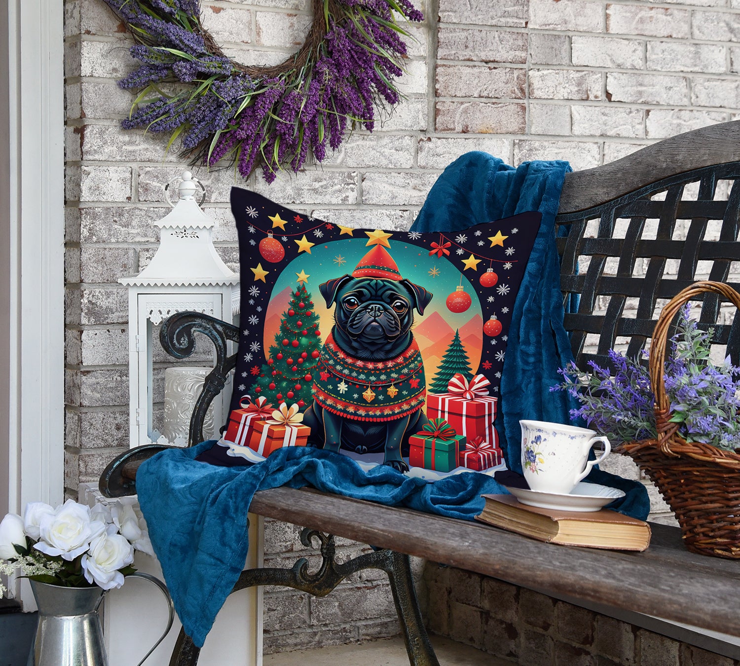 Black Pug Christmas Fabric Decorative Pillow