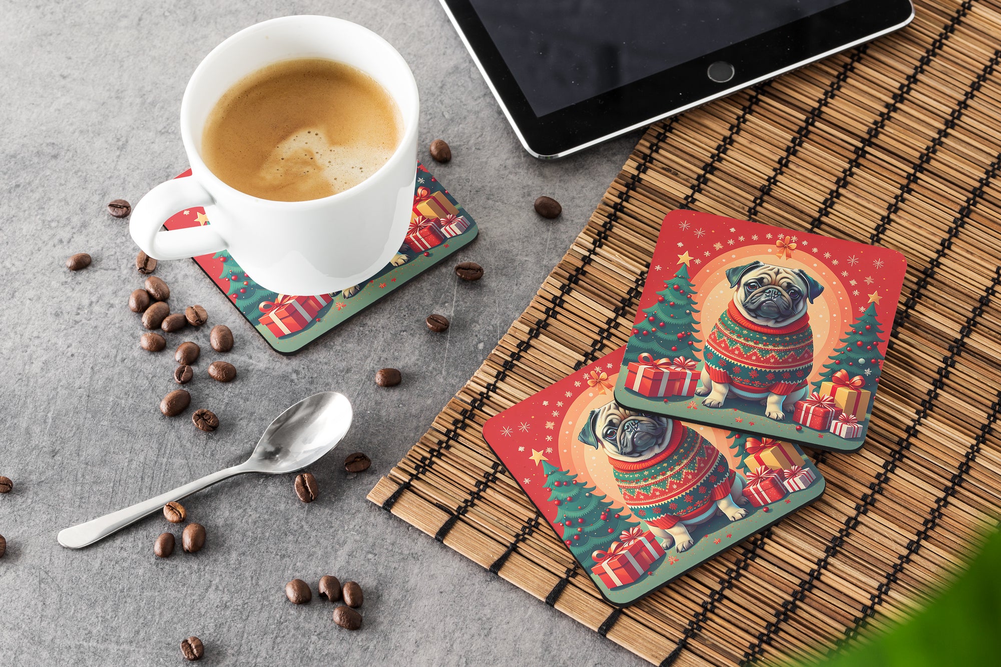 Fawn Pug Christmas Foam Coasters