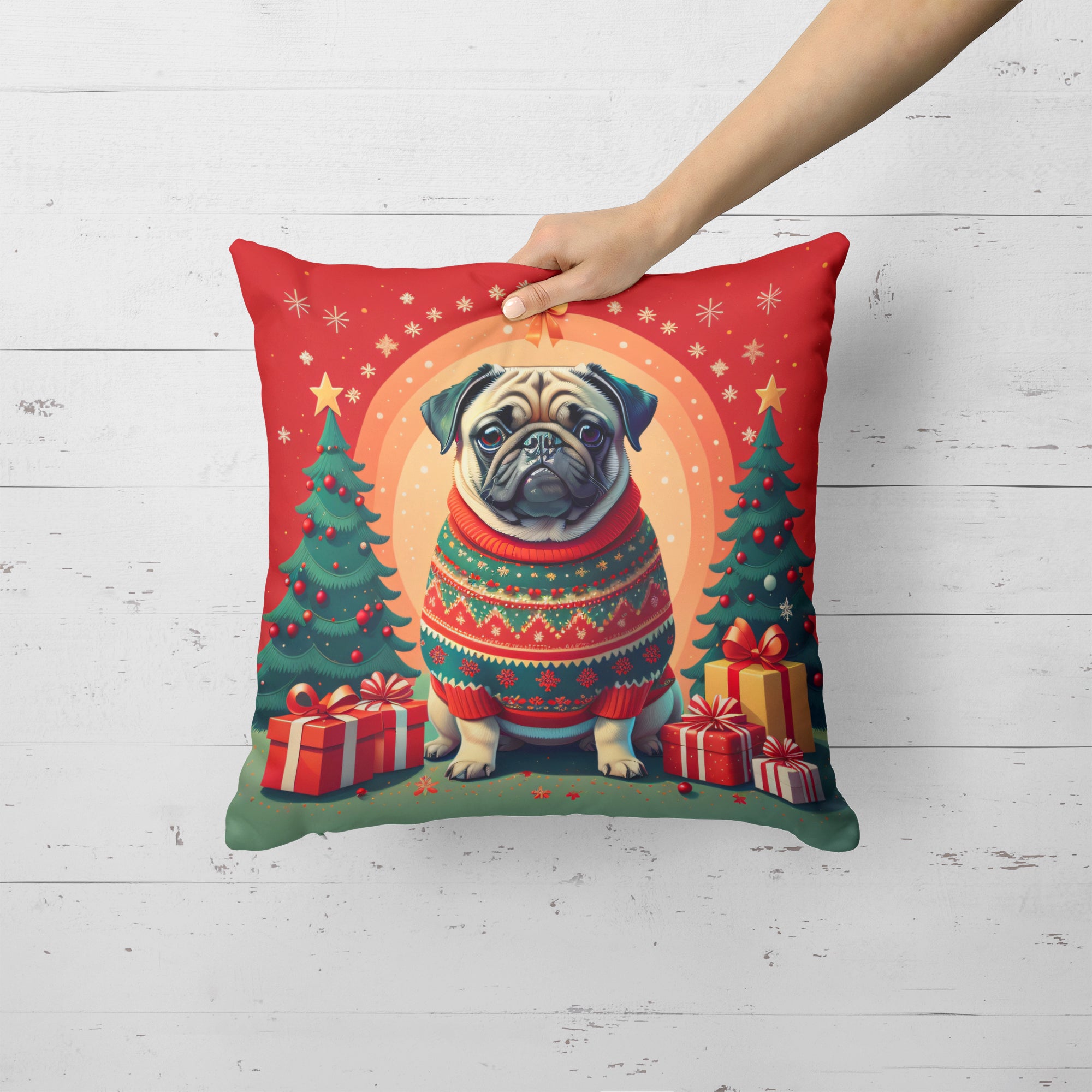 Fawn Pug Christmas Fabric Decorative Pillow