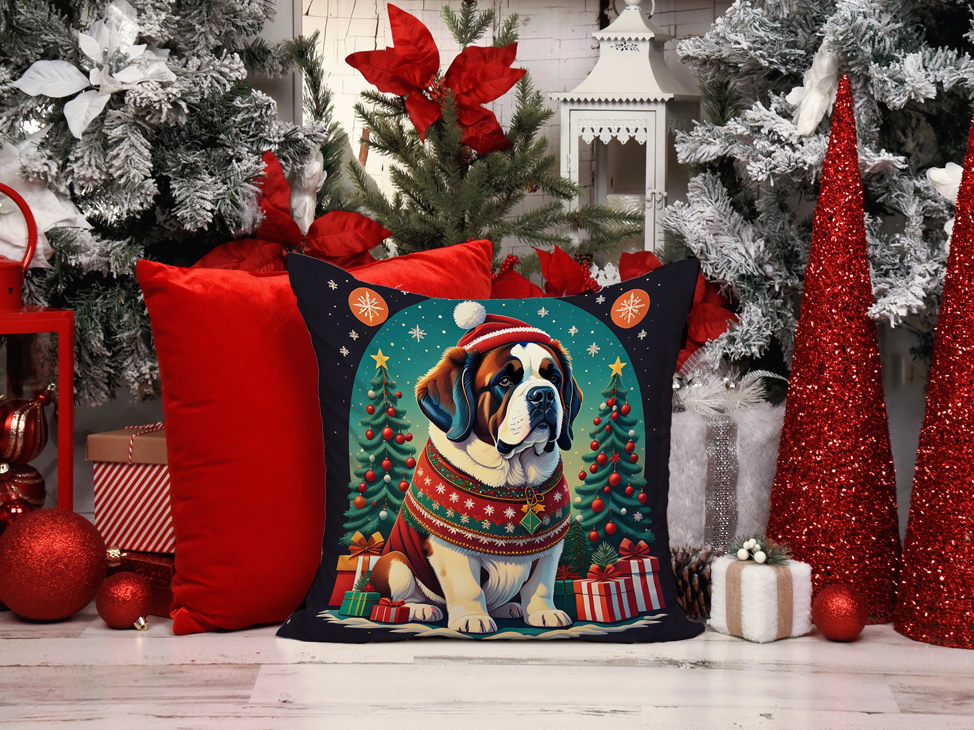 Saint Bernard Christmas Fabric Decorative Pillow