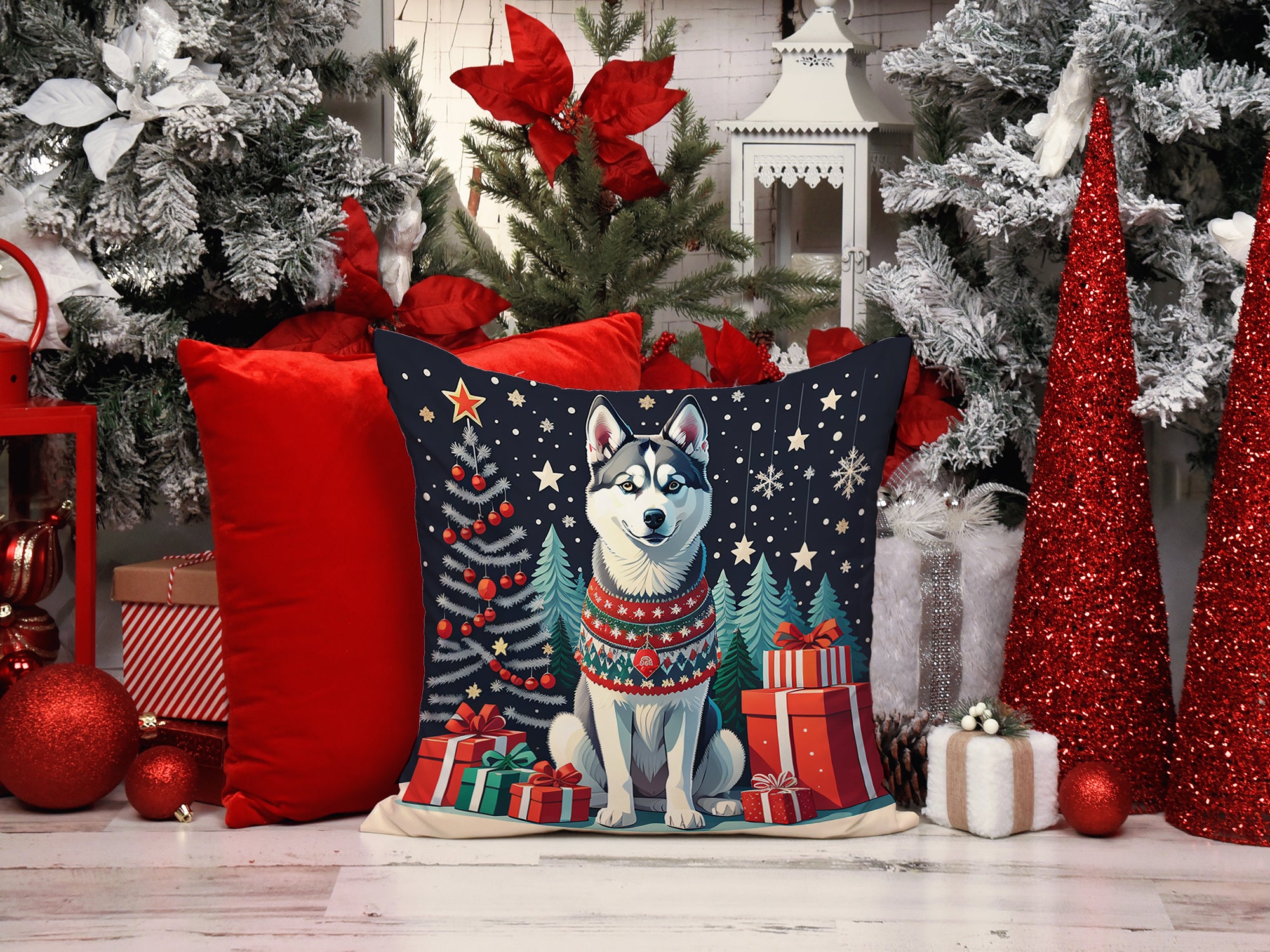 Siberian Husky Christmas Fabric Decorative Pillow