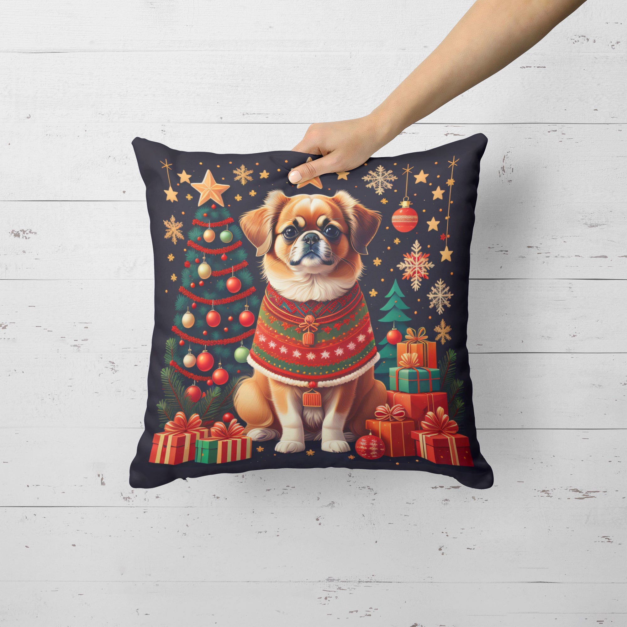 Caroline's Treasures Tibetan Spaniel Christmas Throw Pillow - 14x14 Decorative Pillow – Art for Your Home & Patio