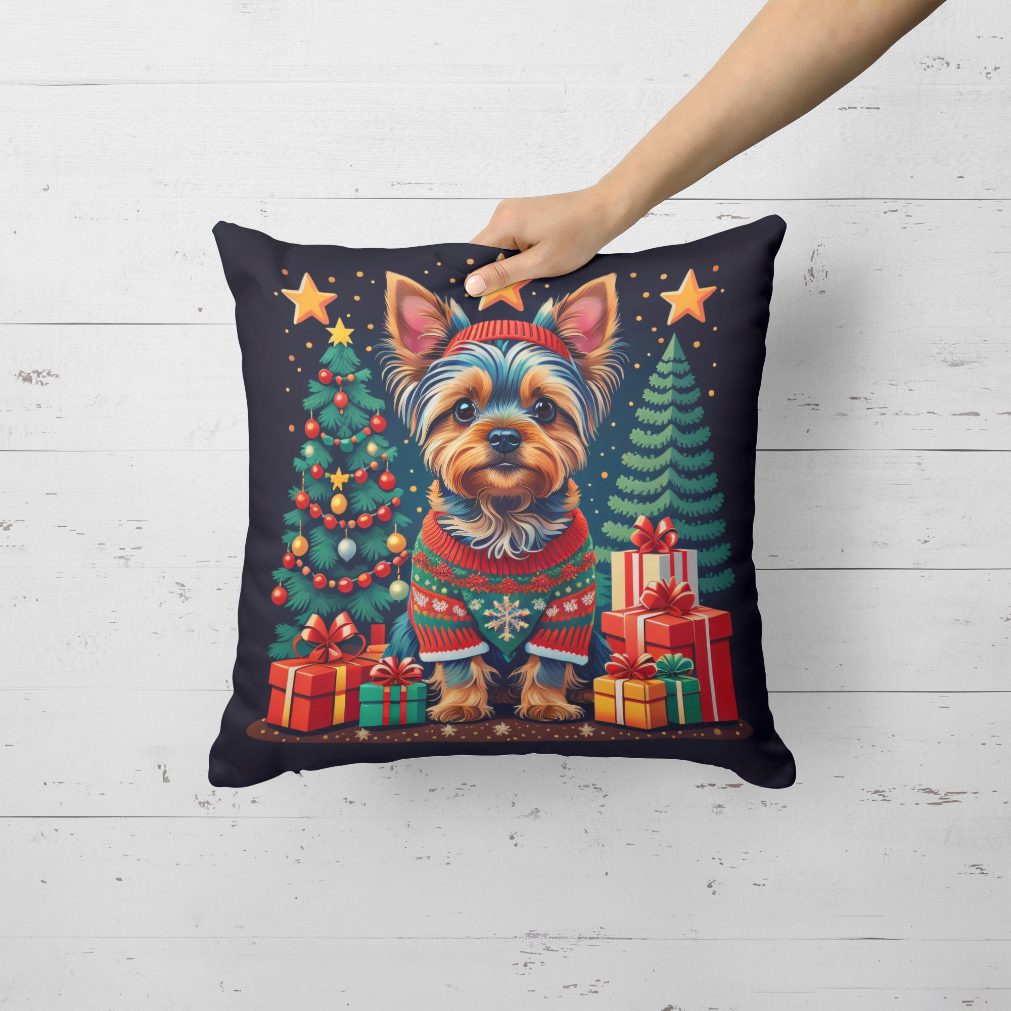 Yorkie Yorkshire Terrier Christmas Fabric Decorative Pillow