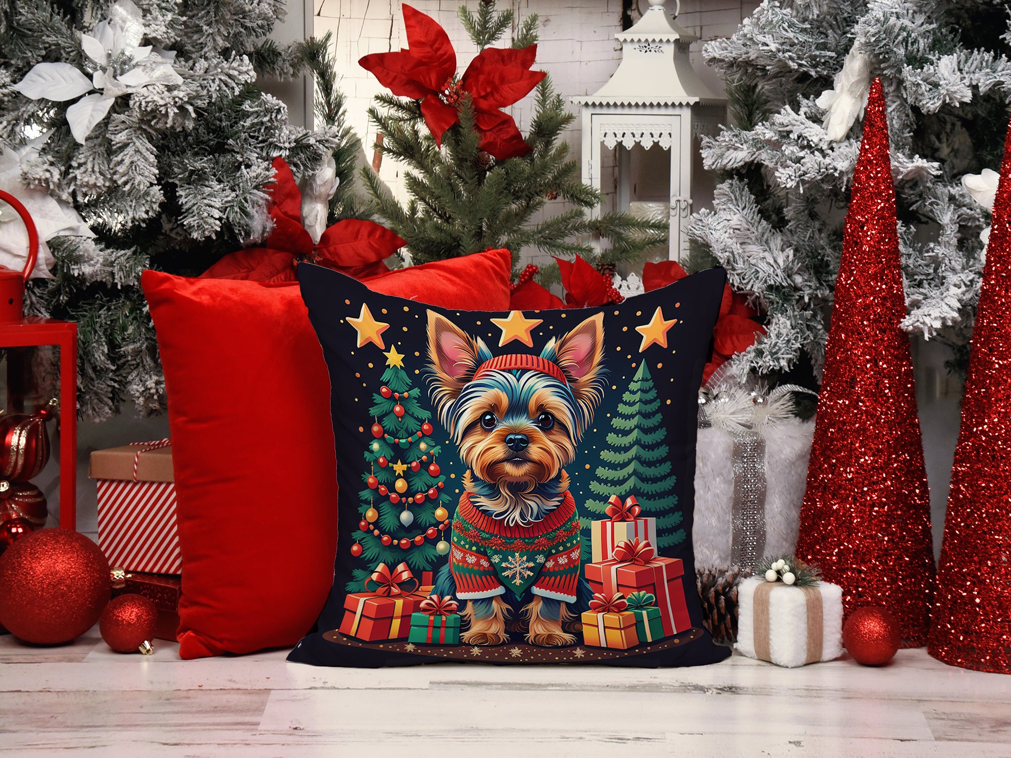 Yorkie Yorkshire Terrier Christmas Fabric Decorative Pillow