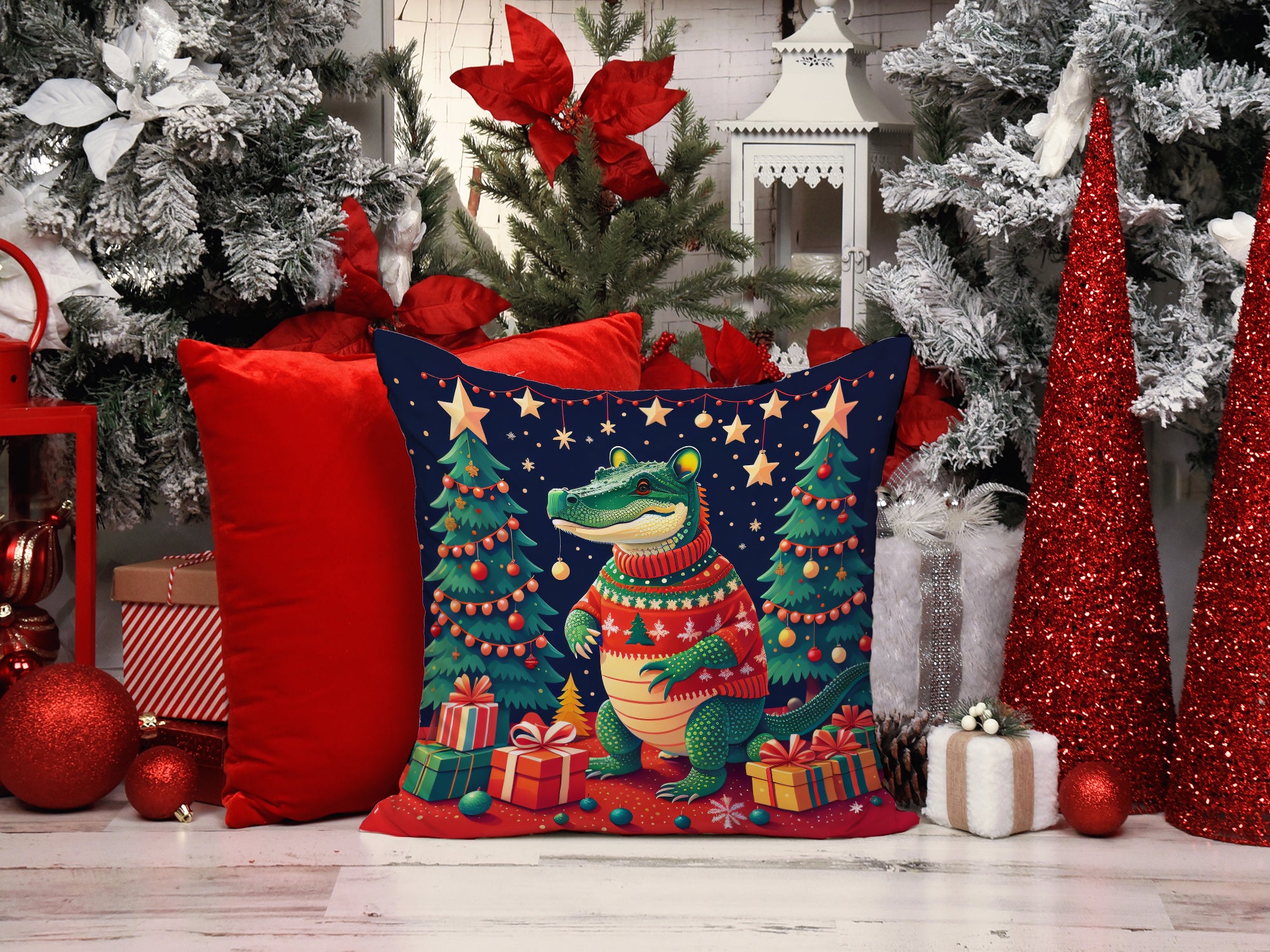 Alligator Christmas Fabric Decorative Pillow