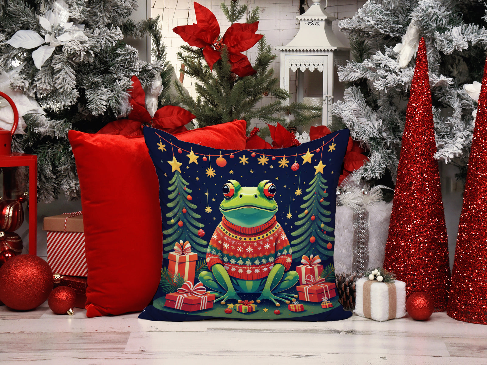 Caroline's Treasures Frog Christmas Throw Pillow - 14x14 Decorative Pillow – Art for Your Home & Patio