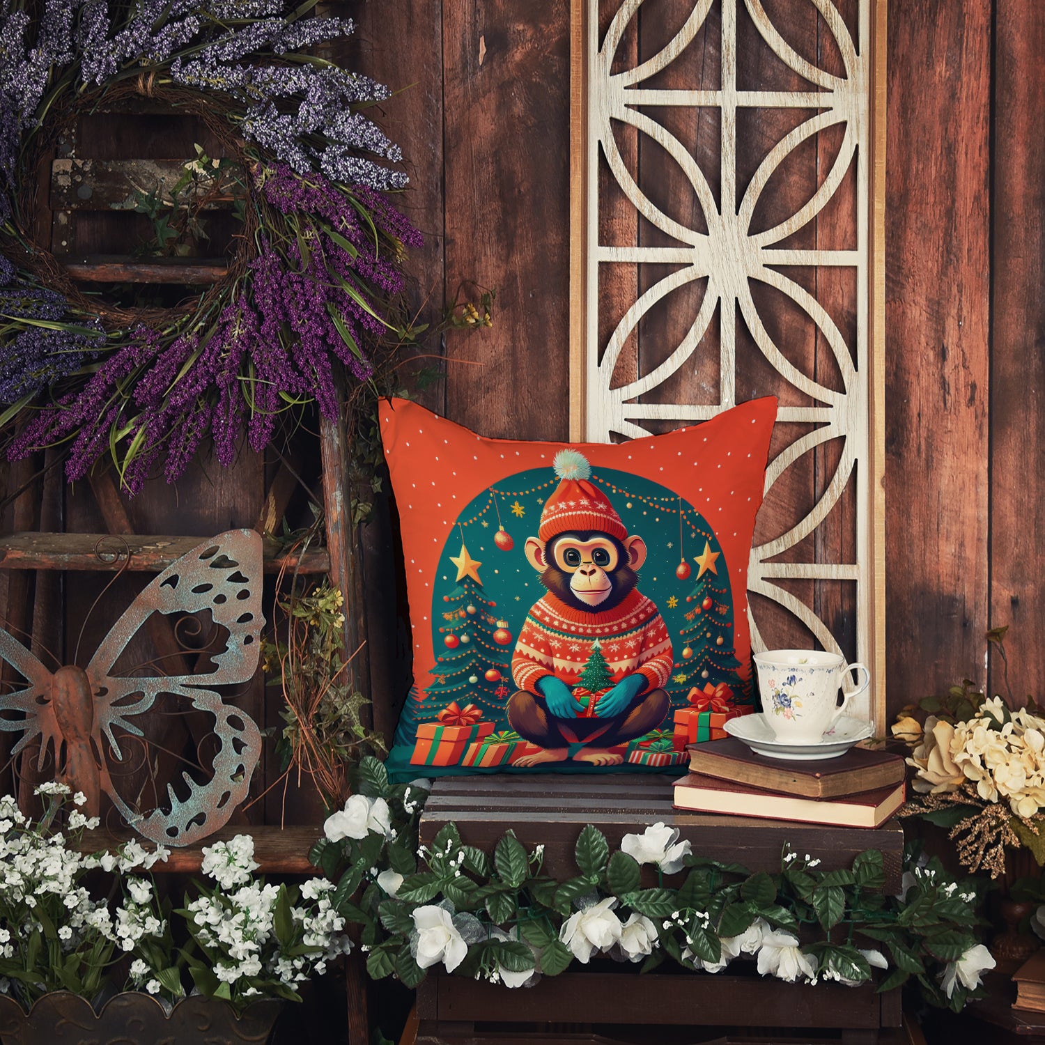 Monkey Christmas Fabric Decorative Pillow