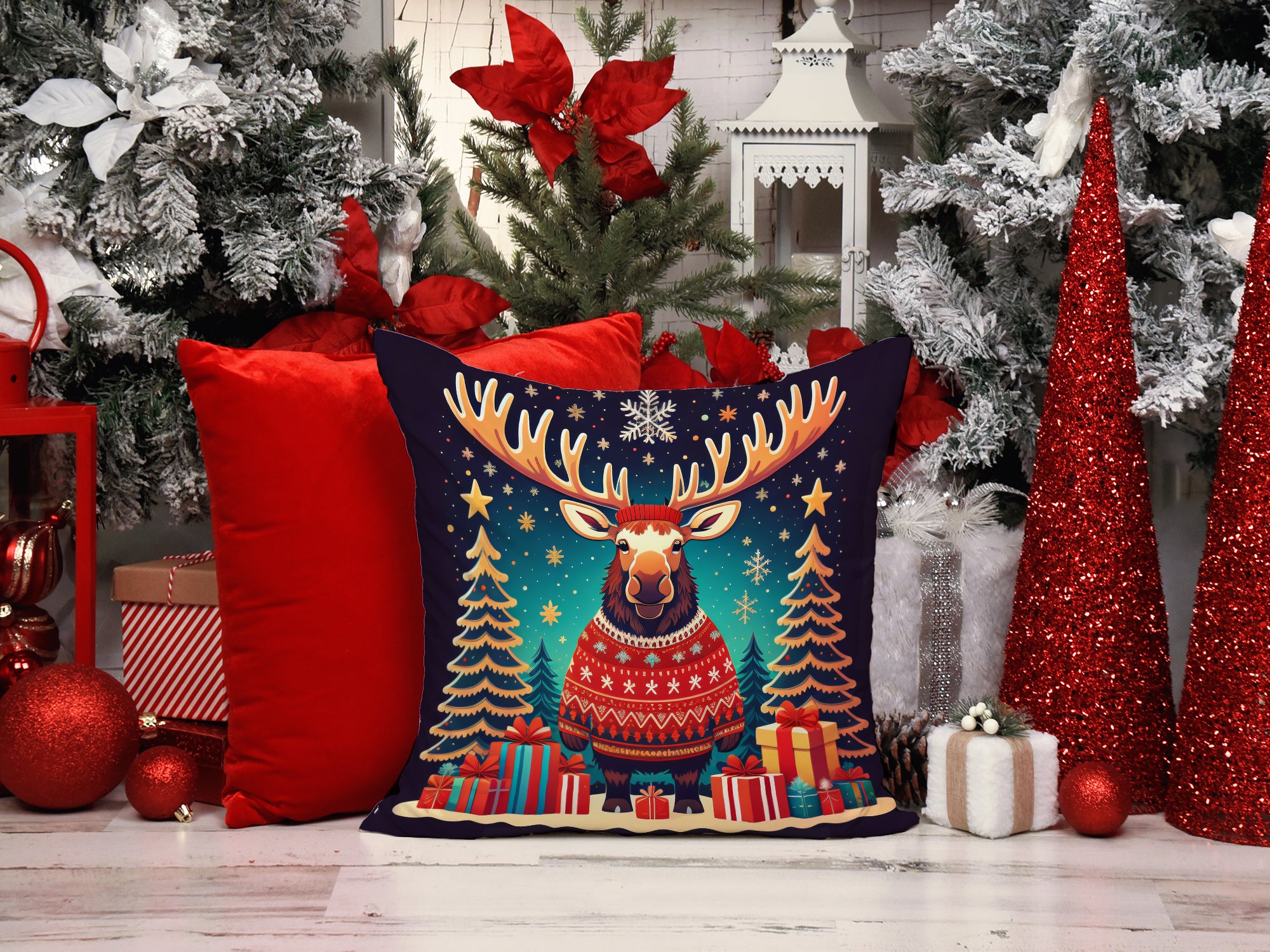 Moose Christmas Fabric Decorative Pillow