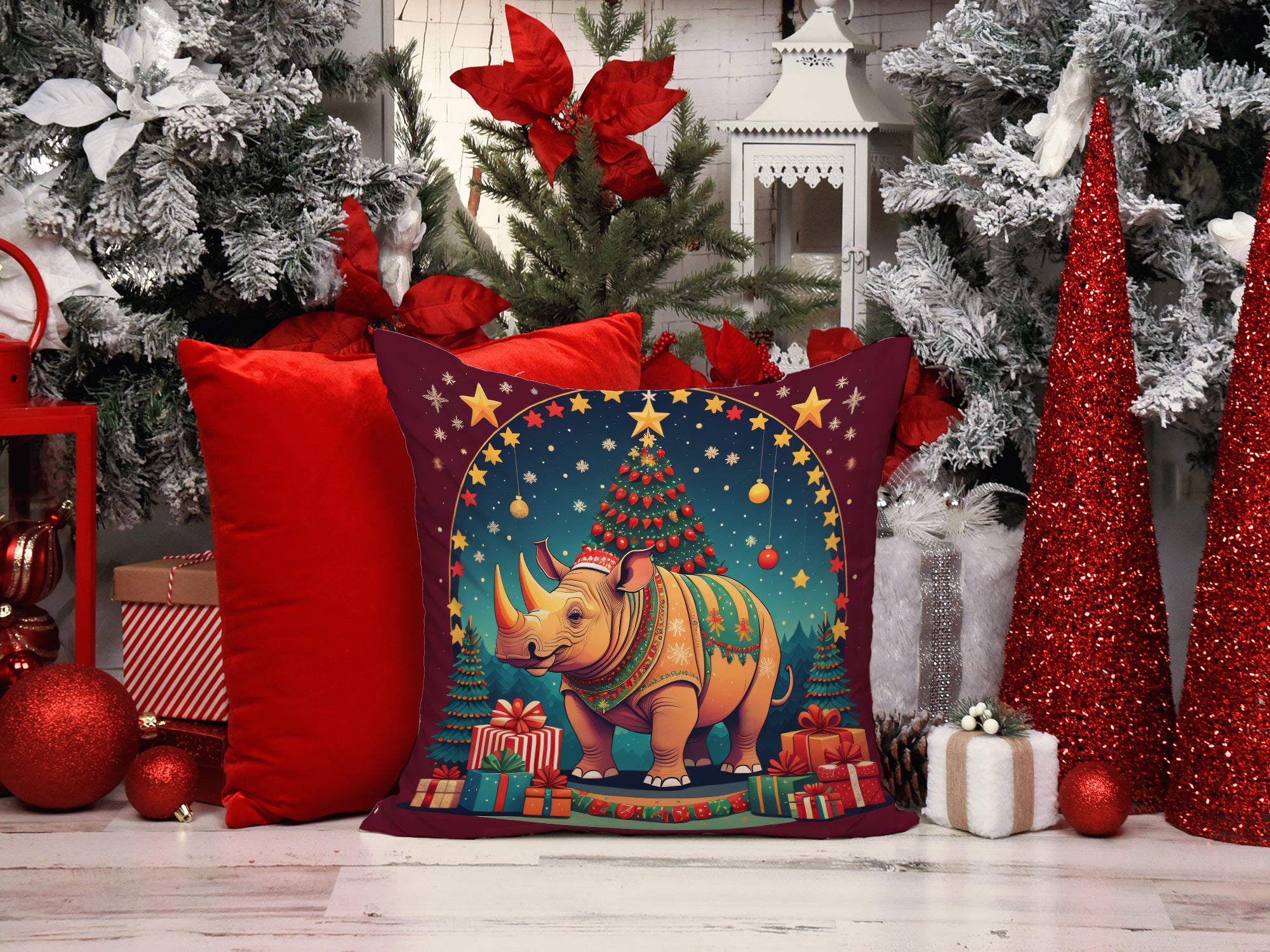 Rhinoceros Christmas Fabric Decorative Pillow