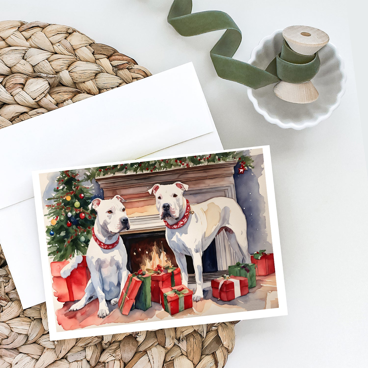 White Pit Bull Terrier Christmas Greeting Cards and Envelopes Pack of 8