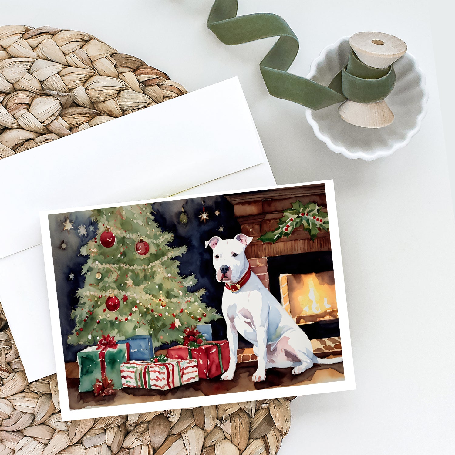 White Pit Bull Terrier Christmas Greeting Cards and Envelopes Pack of 8