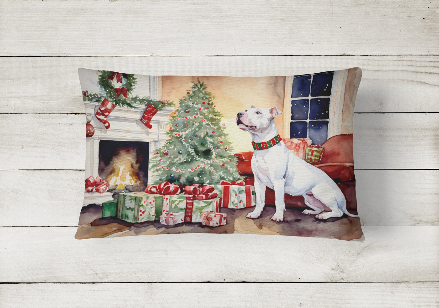 White Pit Bull Terrier Christmas Fabric Decorative Pillow