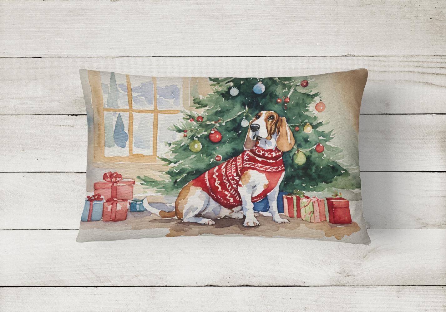 Basset Hound Christmas Fabric Decorative Pillow