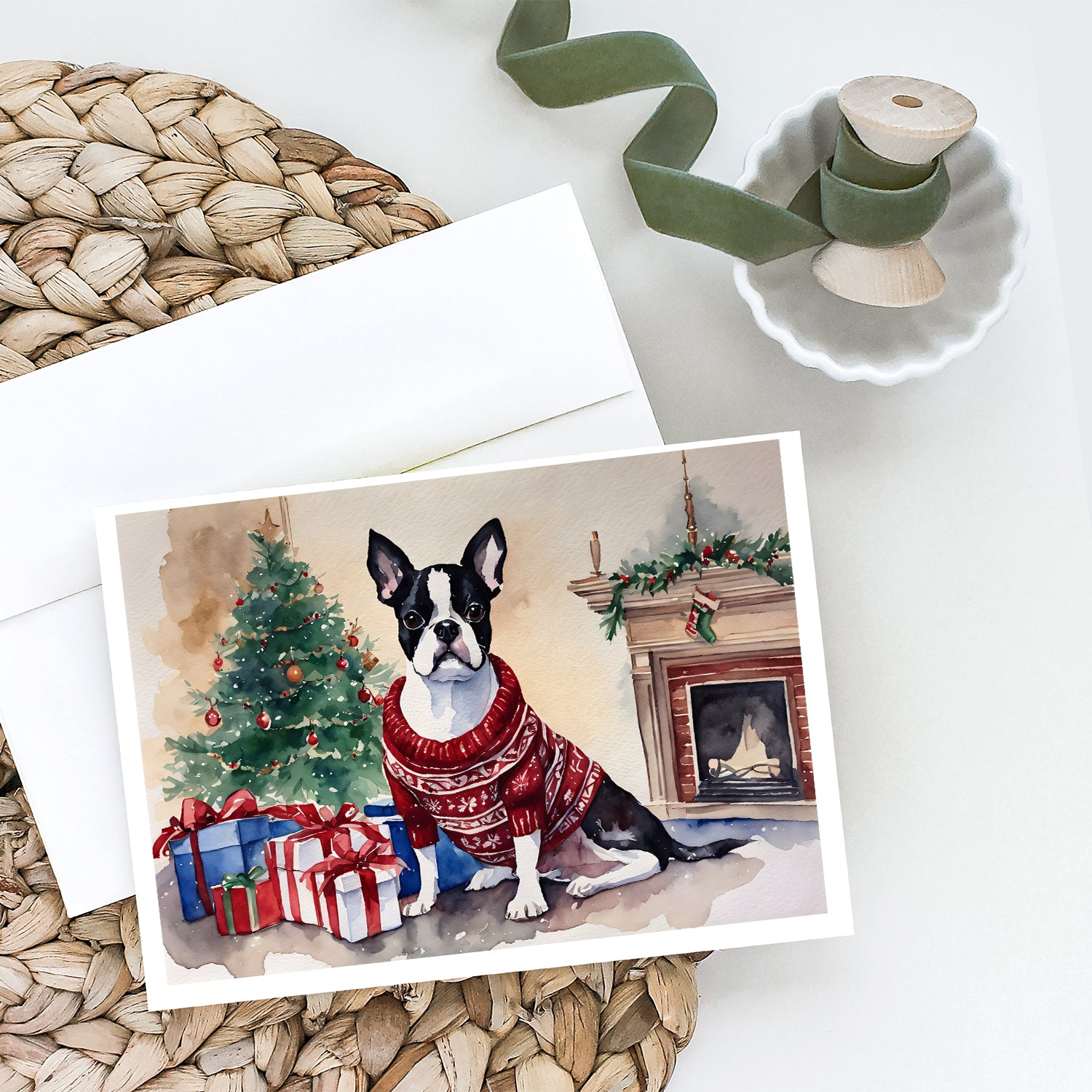 Boston Terrier Christmas Greeting Cards and Envelopes Pack of 8