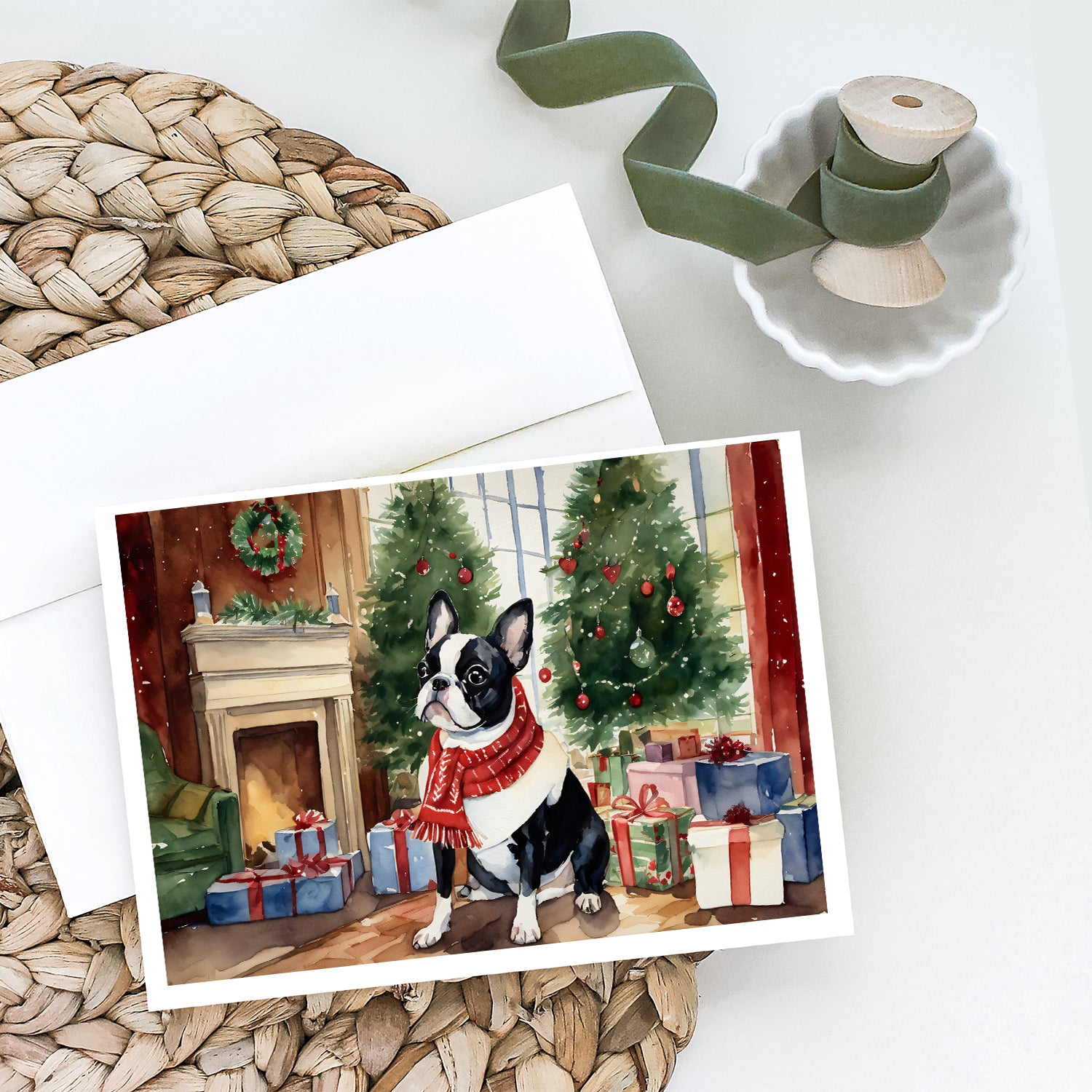 Boston Terrier Christmas Greeting Cards and Envelopes Pack of 8