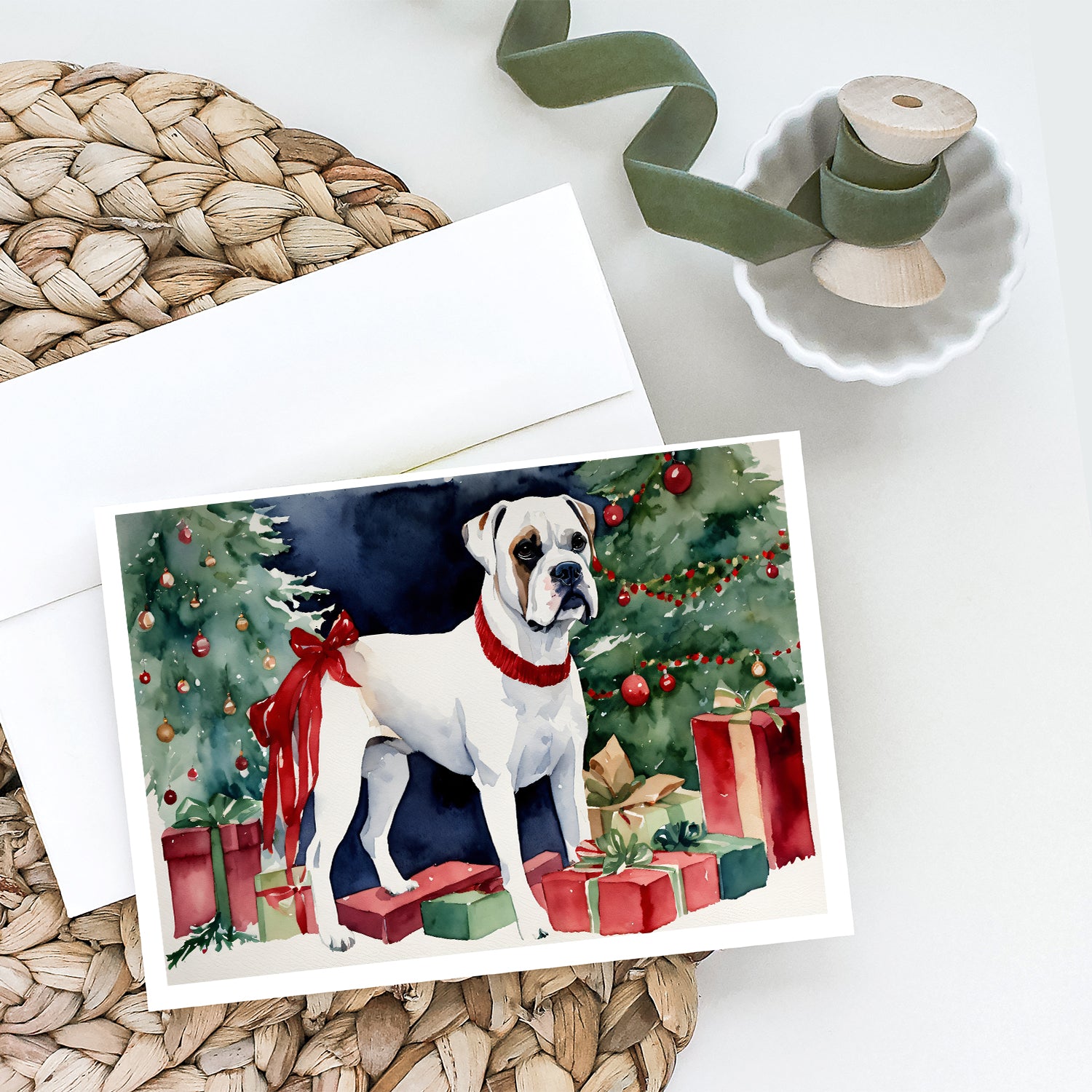 White Boxer Christmas Greeting Cards and Envelopes Pack of 8