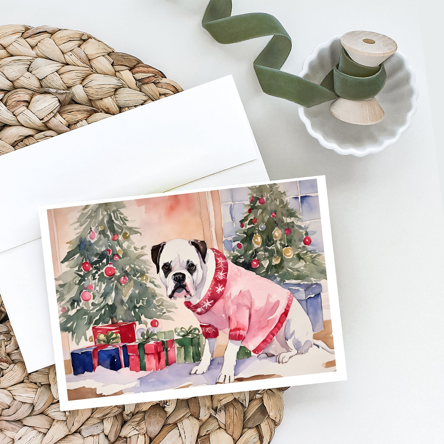 White Boxer Christmas Greeting Cards and Envelopes Pack of 8