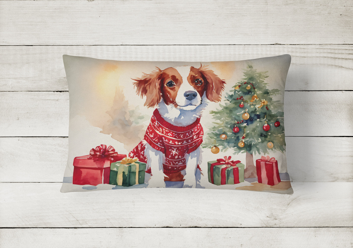 Brittany Spaniel Christmas Fabric Decorative Pillow