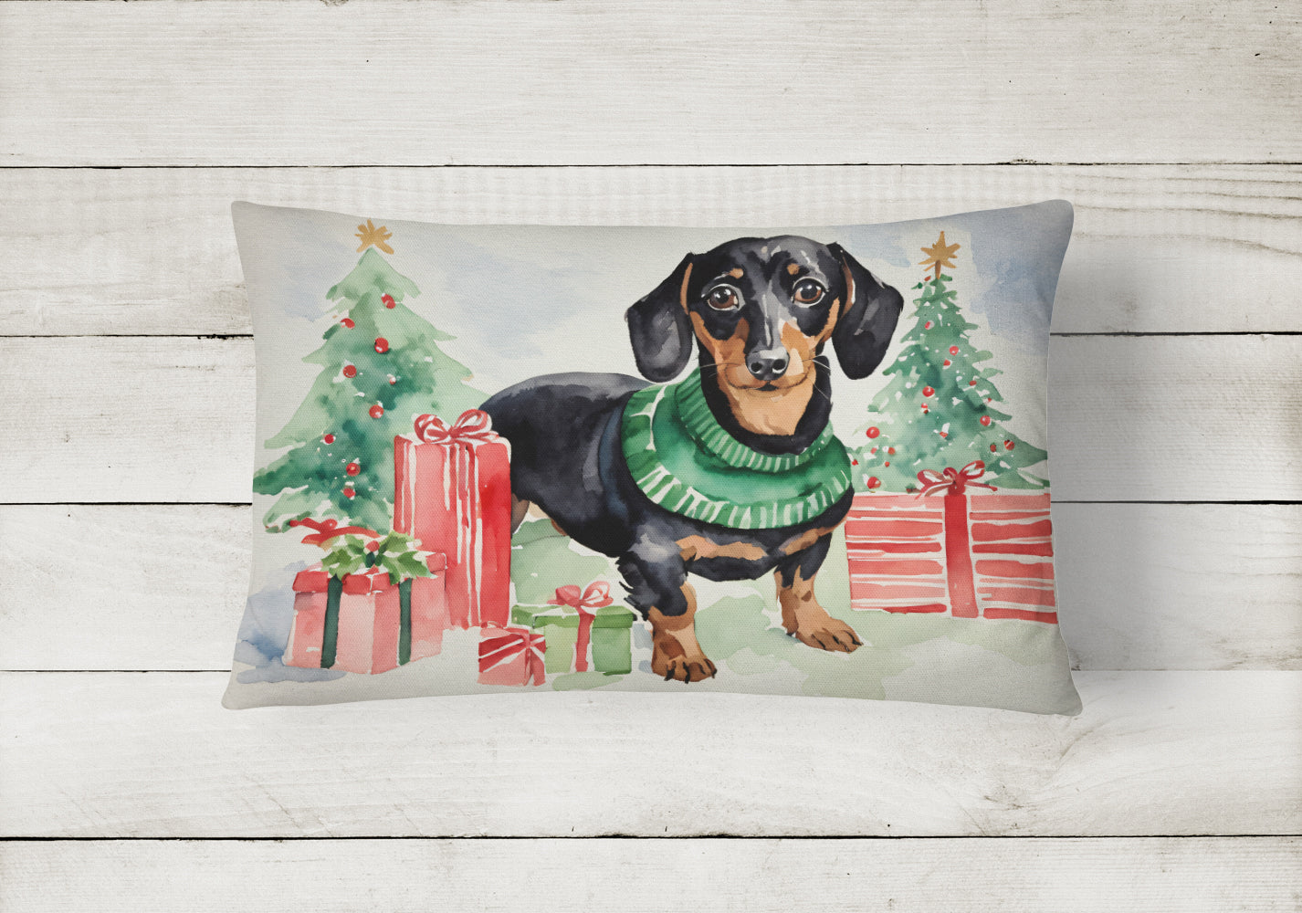 Black and Tan Dachshund Christmas Fabric Decorative Pillow