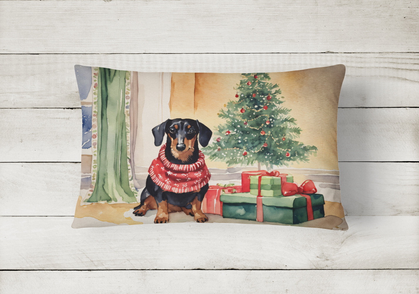 Black and Tan Dachshund Christmas Fabric Decorative Pillow