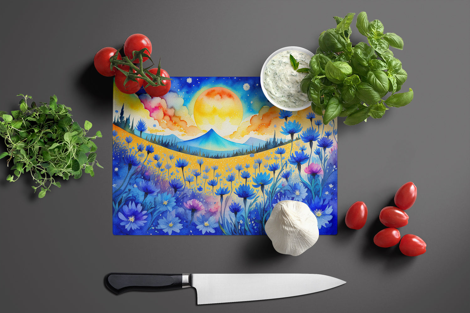 Blue Cornflowers in Color Glass Cutting Board Large