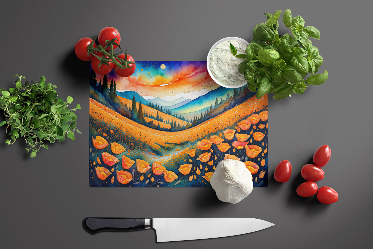 California Poppies in Color Glass Cutting Board Large