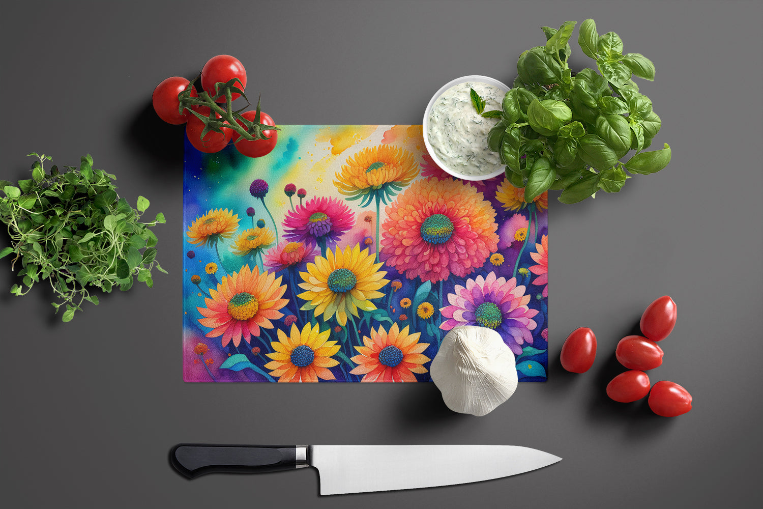 Chrysanthemums in Color Glass Cutting Board Large