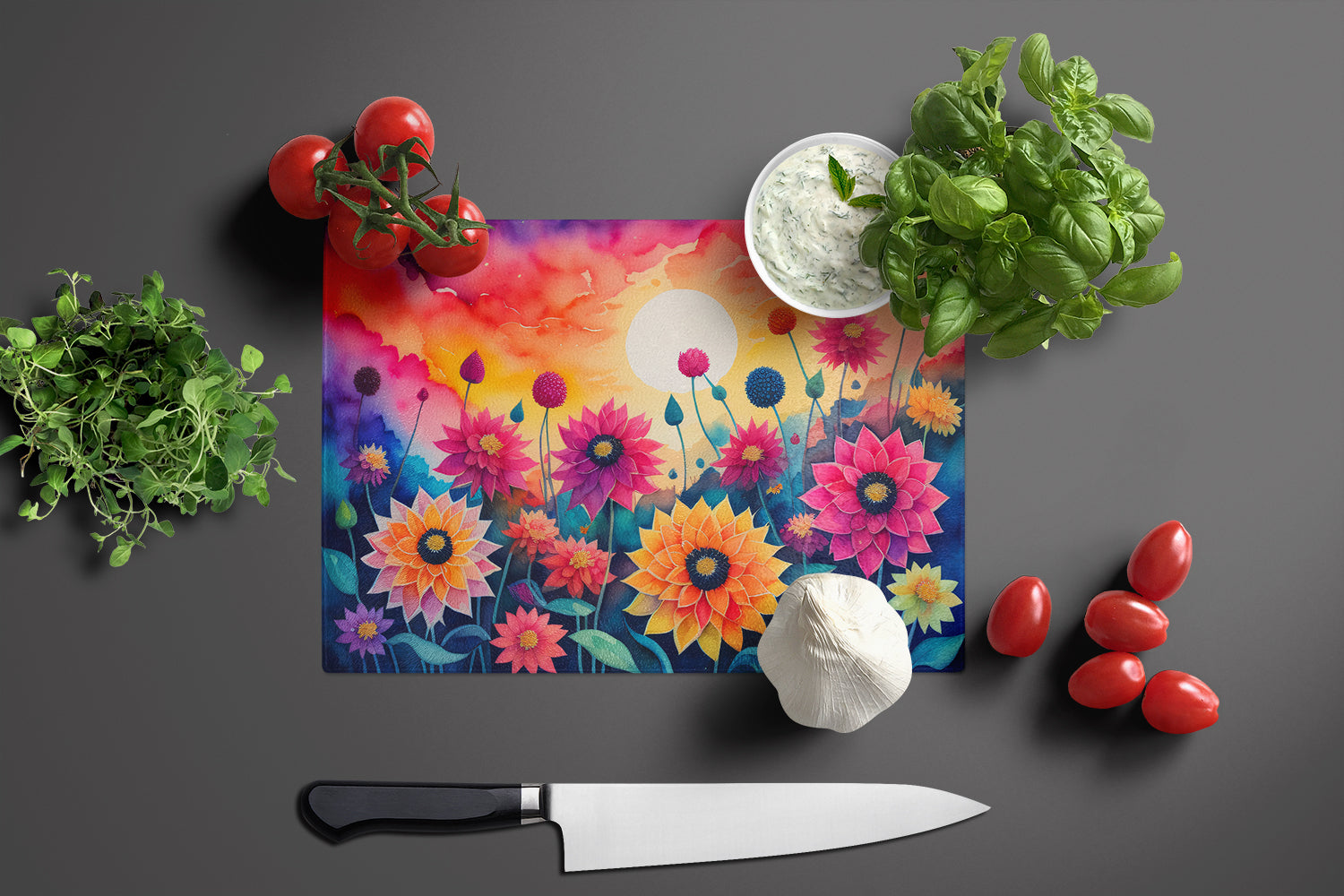 Dahlias in Color Glass Cutting Board Large