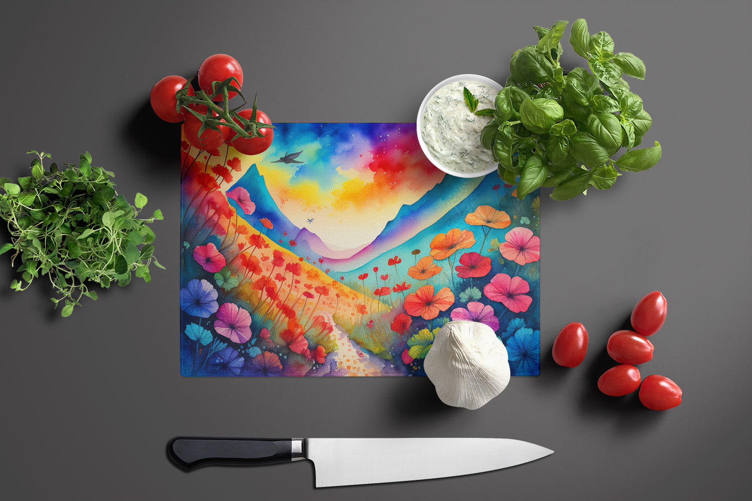 Geraniums in Color Glass Cutting Board Large