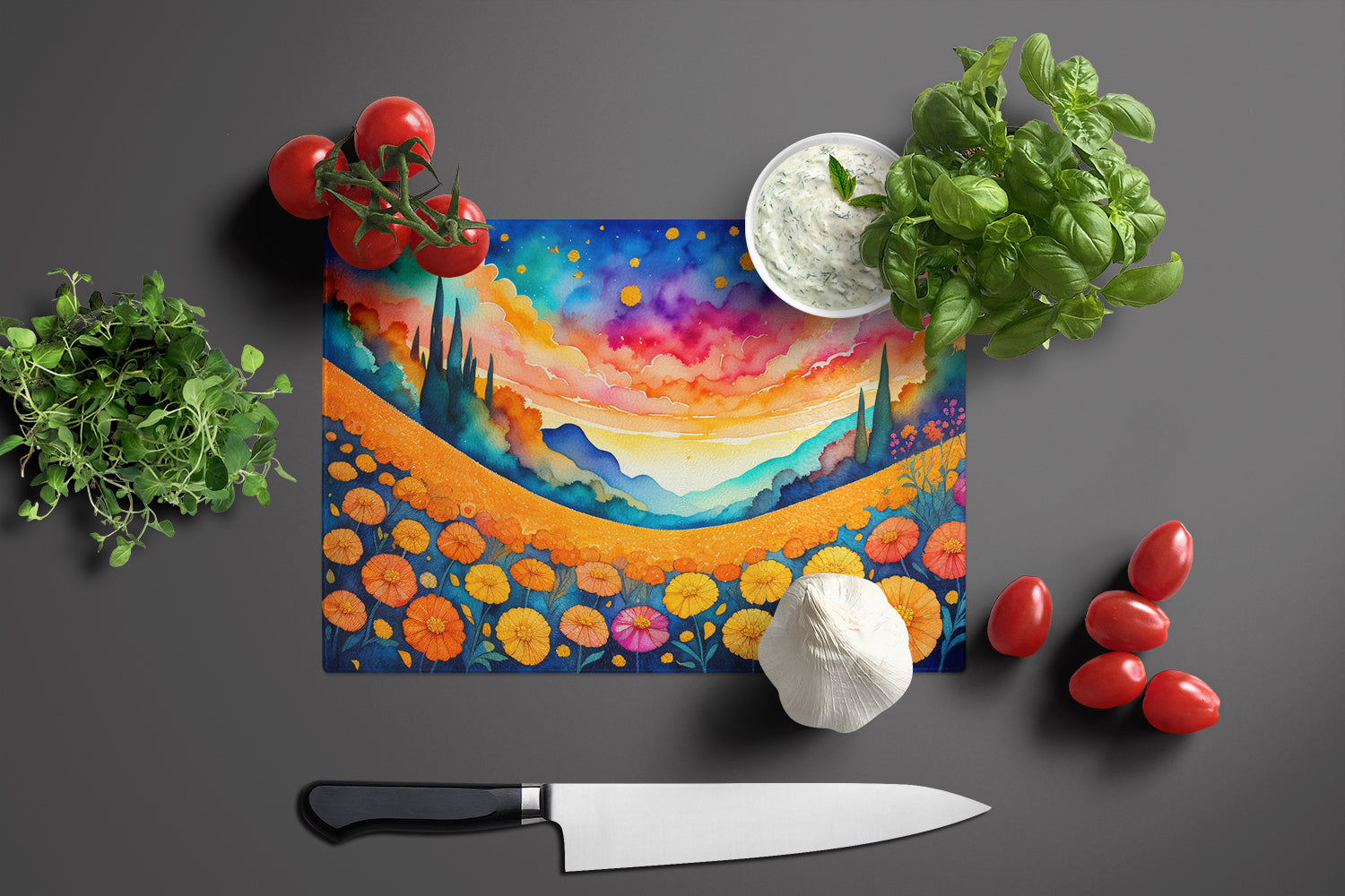 Marigolds in Color Glass Cutting Board Large