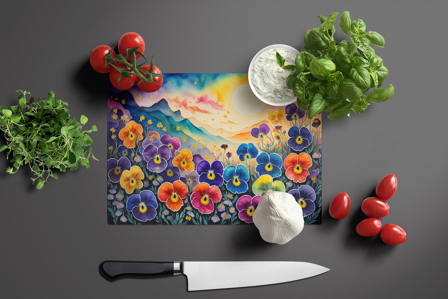 Pansies in Color Glass Cutting Board Large