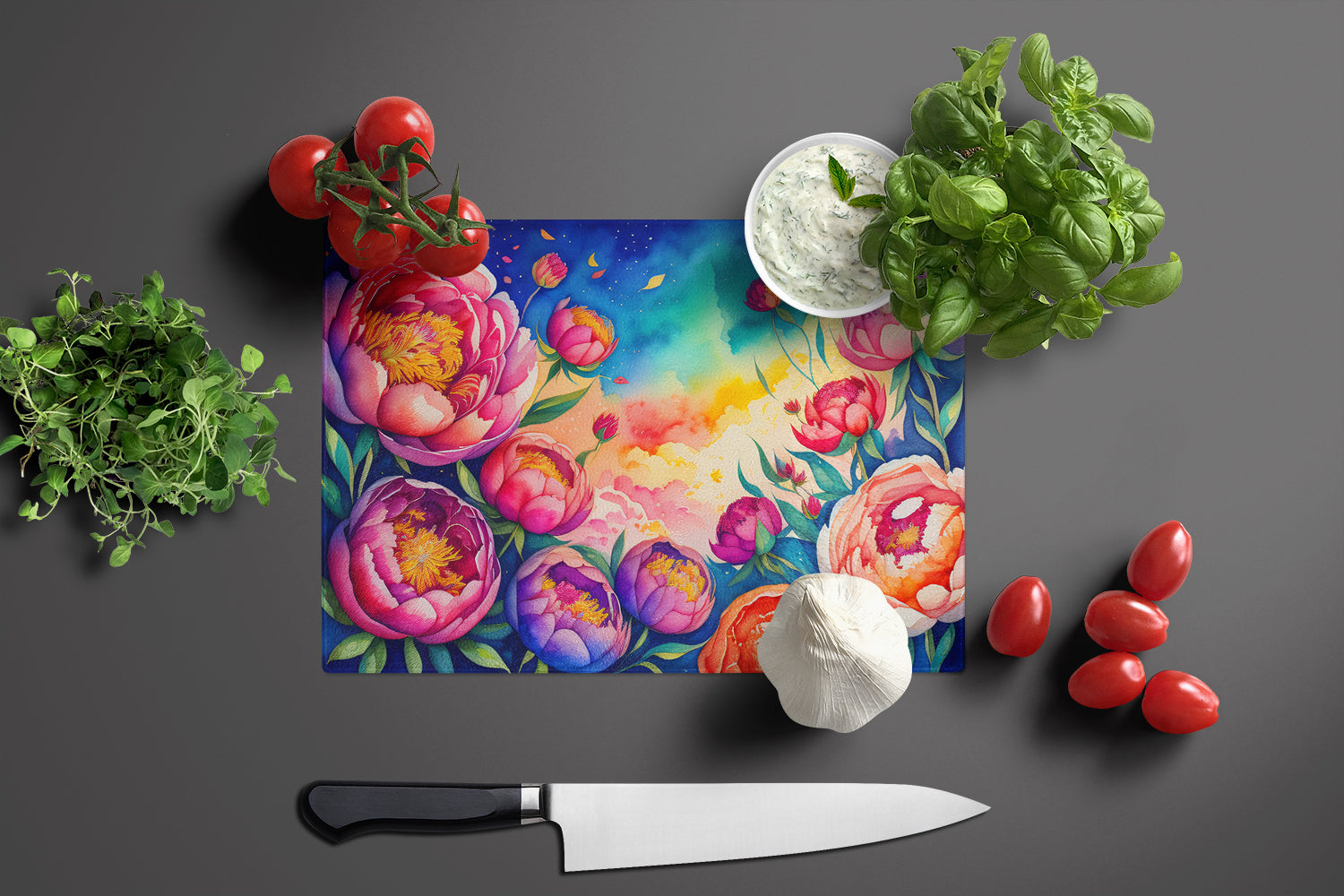 Peonies in Color Glass Cutting Board Large
