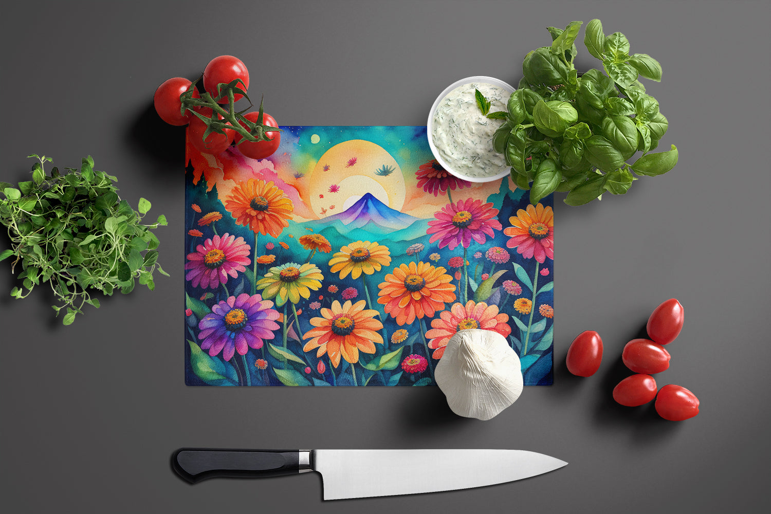 Zinnias in Color Glass Cutting Board Large