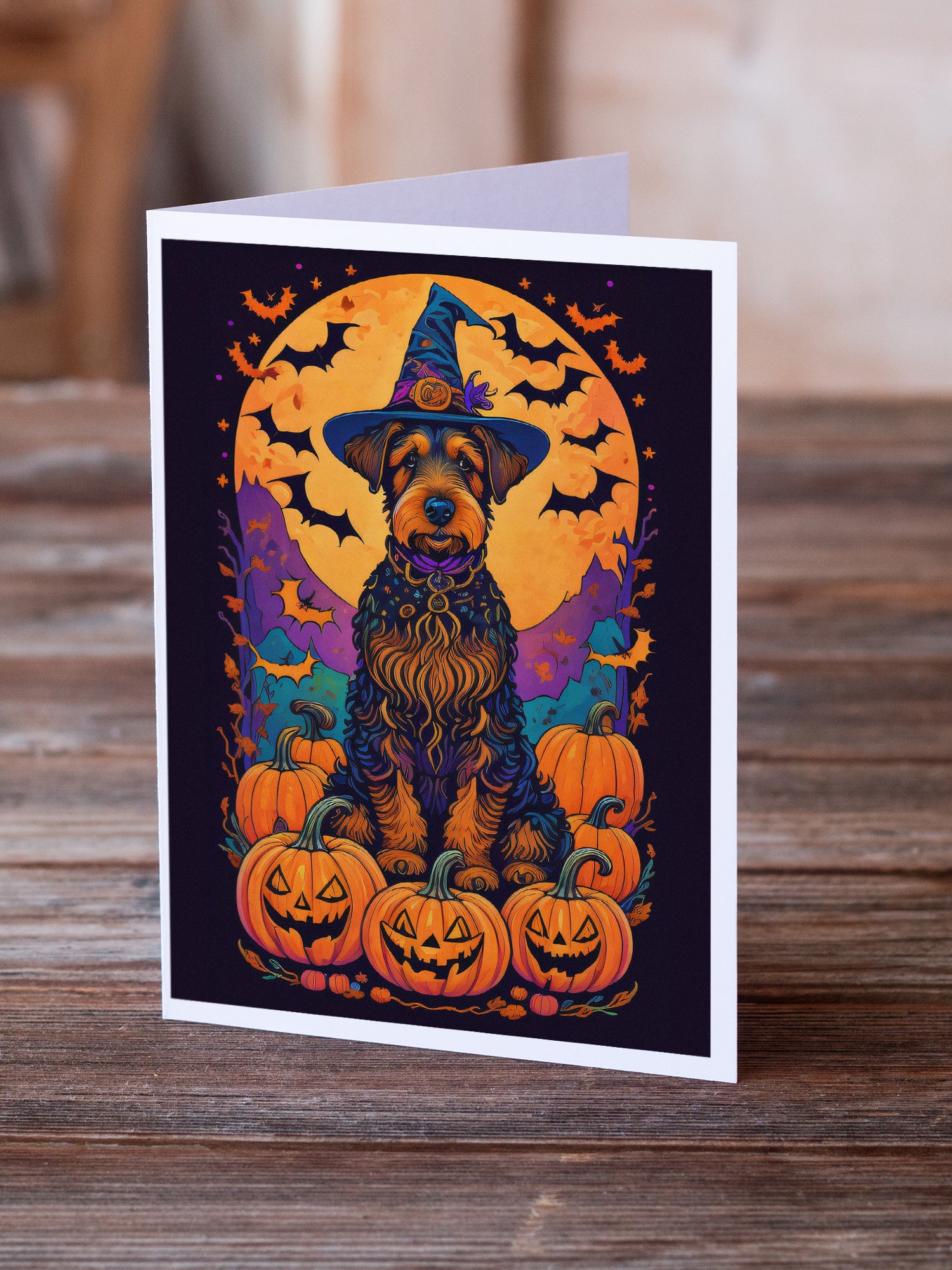 Airedale Terrier Witchy Halloween Greeting Cards and Envelopes Pack of 8