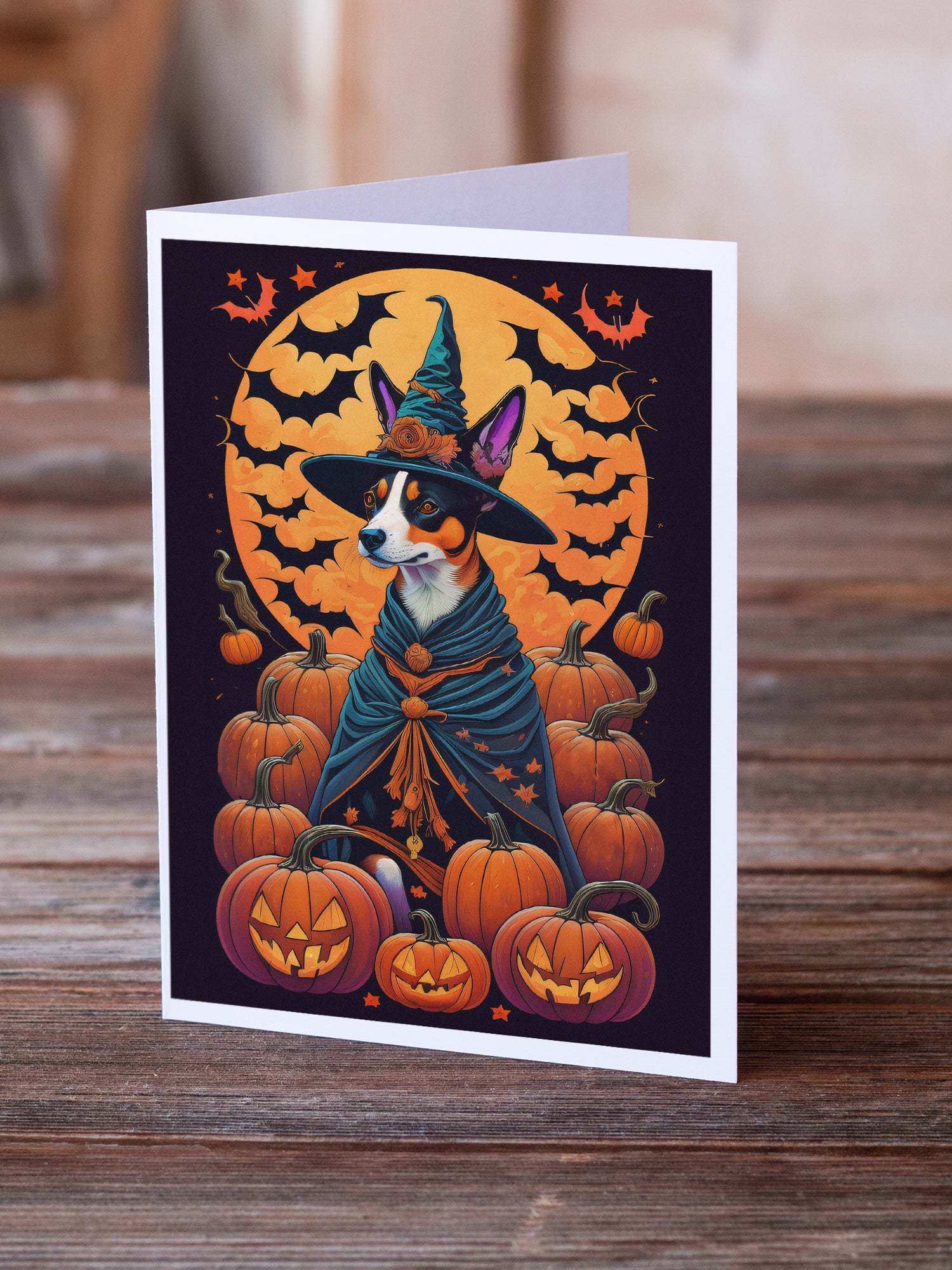 Basenji Witchy Halloween Greeting Cards and Envelopes Pack of 8
