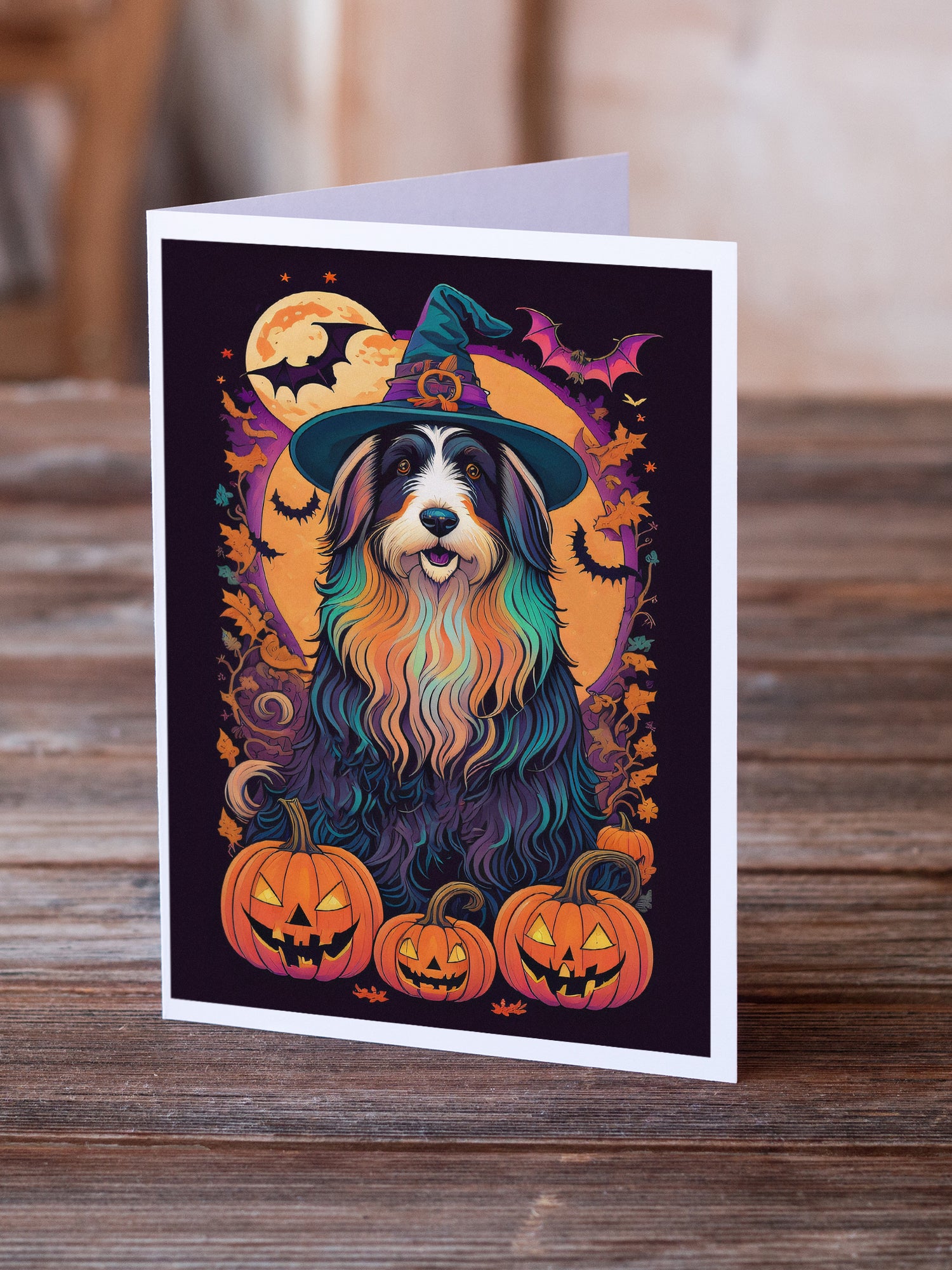 Bearded Collie Witchy Halloween Greeting Cards and Envelopes Pack of 8