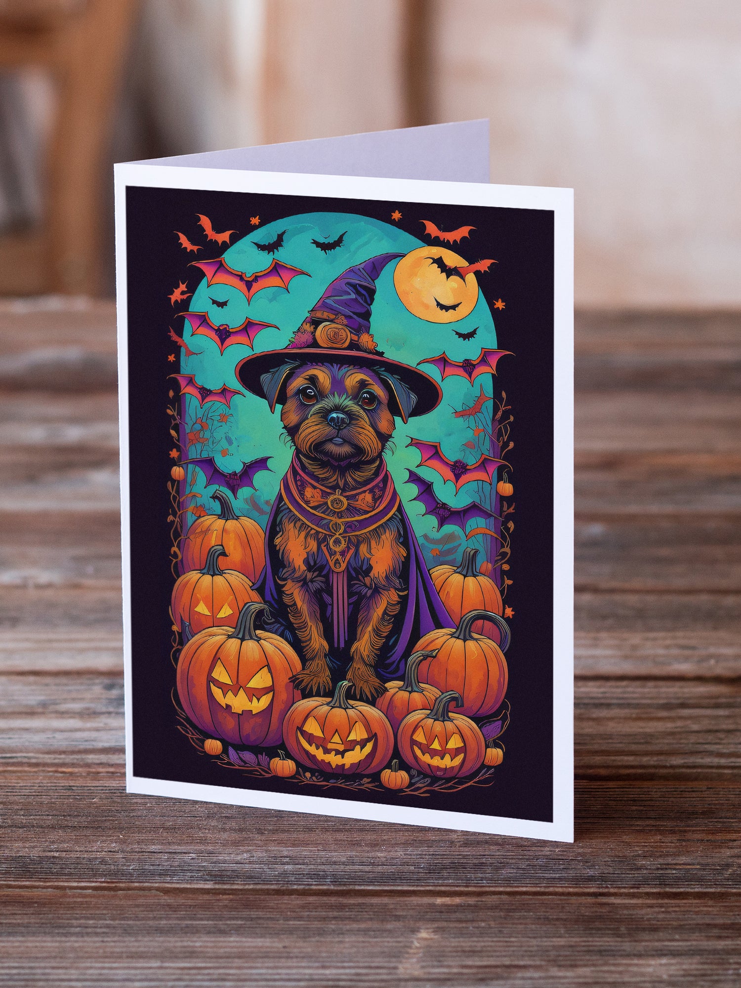 Border Terrier Witchy Halloween Greeting Cards and Envelopes Pack of 8