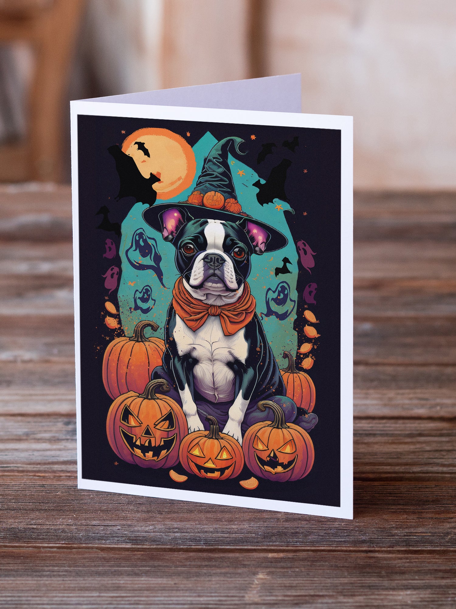 Boston Terrier Witchy Halloween Greeting Cards and Envelopes Pack of 8