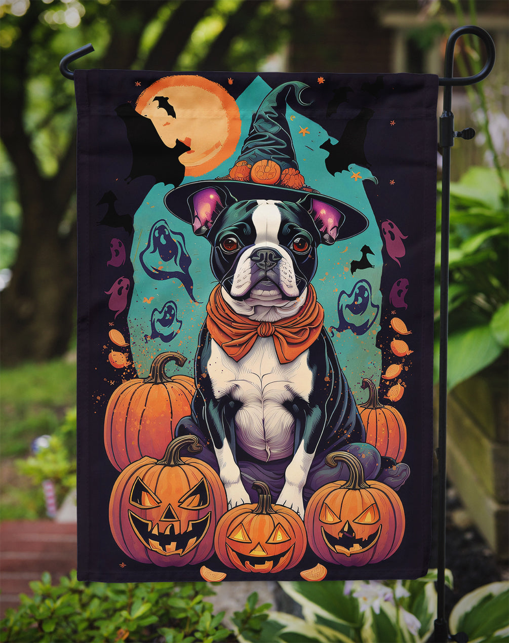 Boston Terrier Witchy Halloween Garden Flag