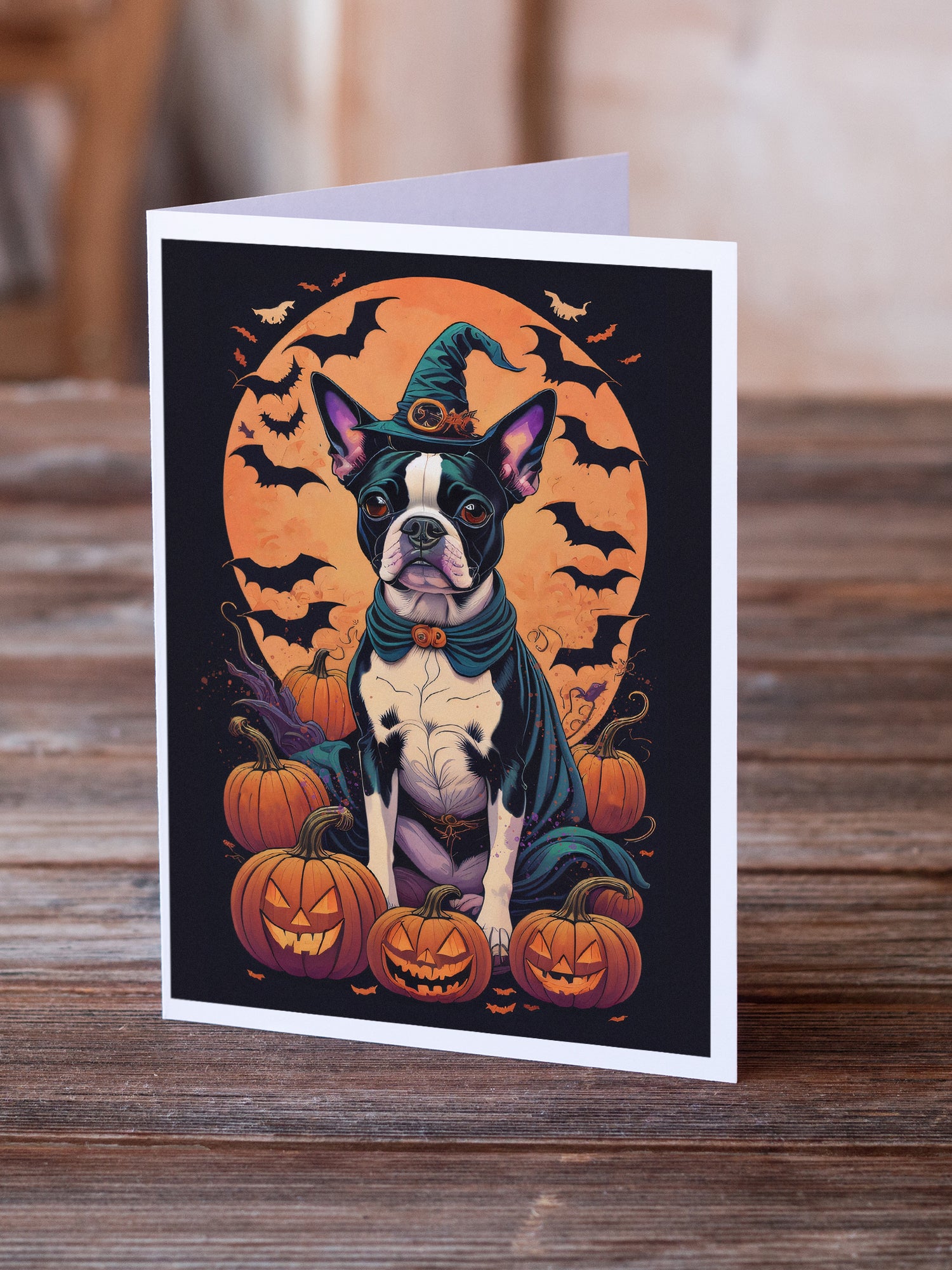 Caroline's Treasures Boston Terrier Witchy Halloween Greeting Cards - Blank Note Cards – 8-Pack of Artist-Designed Cards with Envelopes