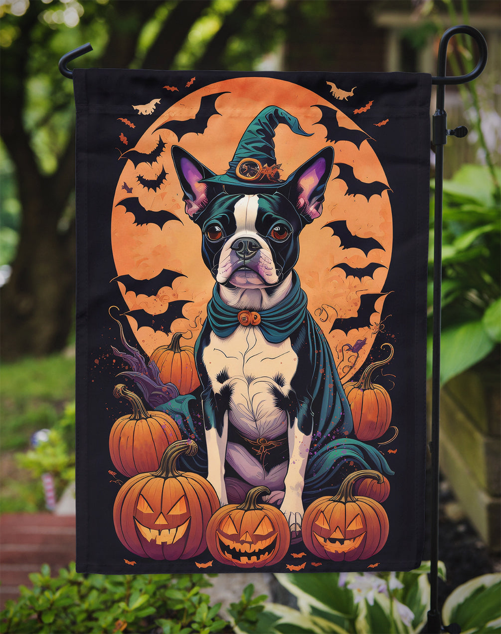 Boston Terrier Witchy Halloween Garden Flag