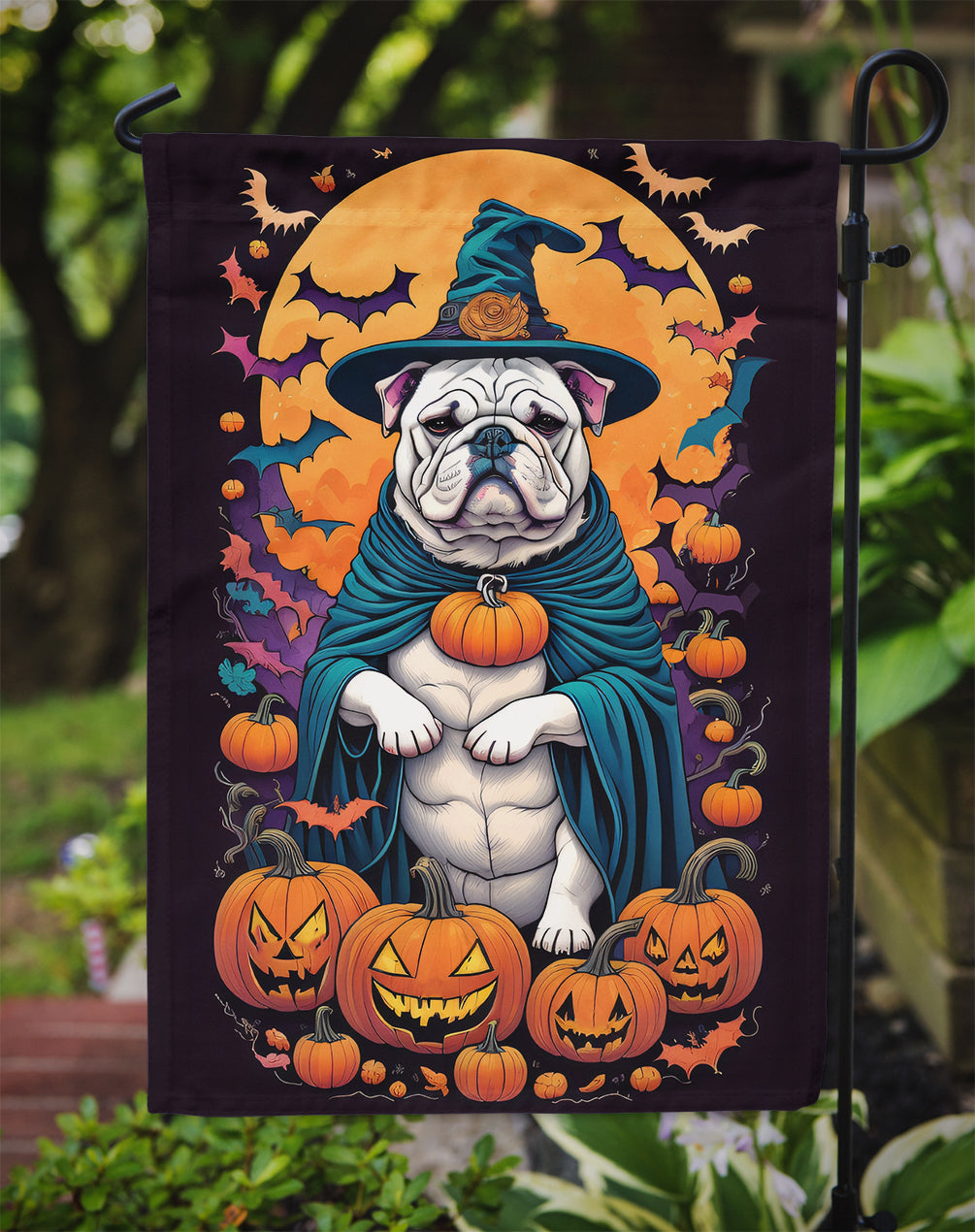 White English Bulldog Witchy Halloween Garden Flag