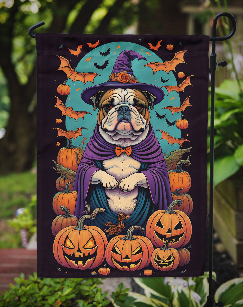 English Bulldog Witchy Halloween Garden Flag