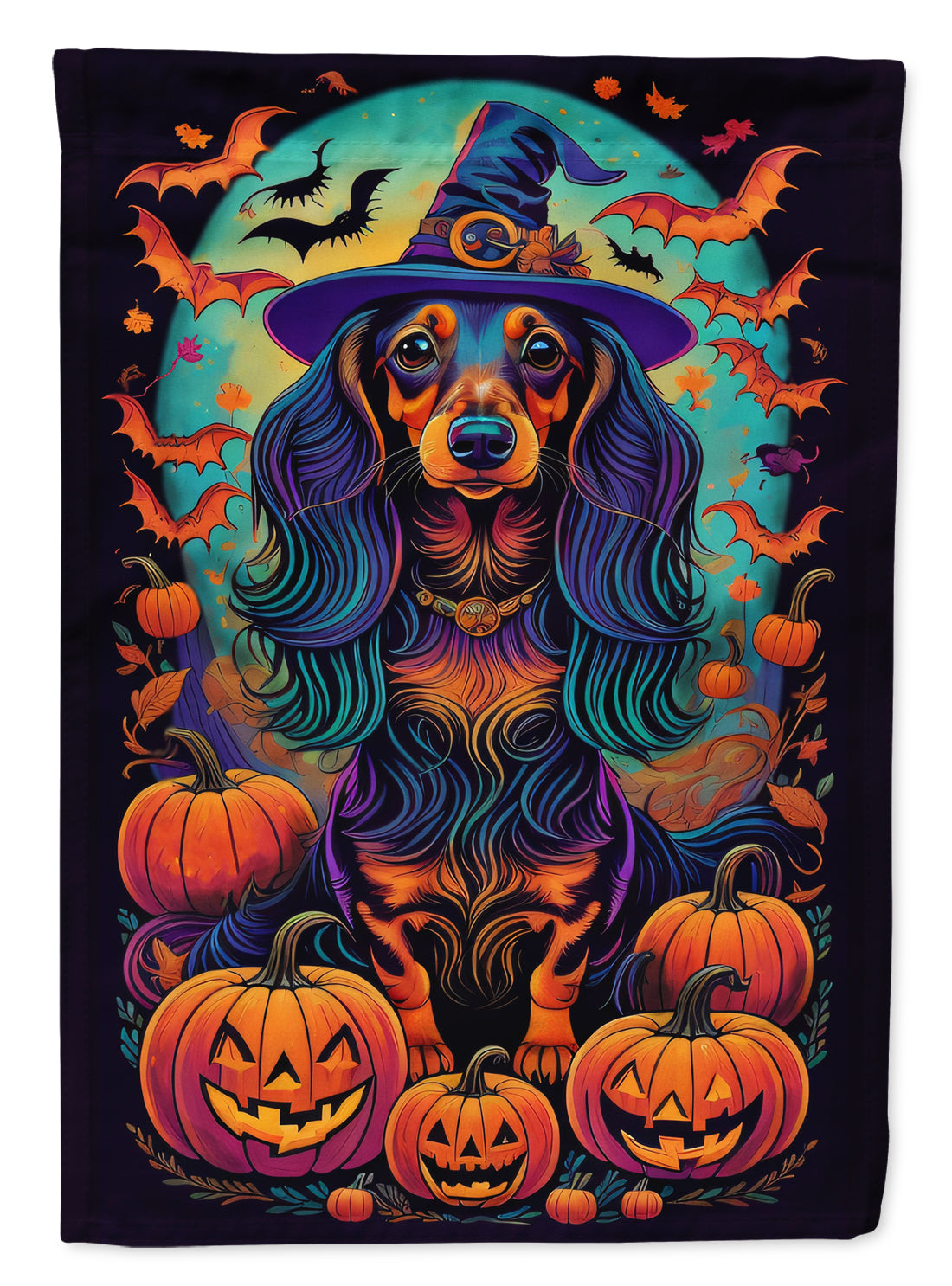 Buy this Longhair Black and Tan Dachshund Witchy Halloween House Flag